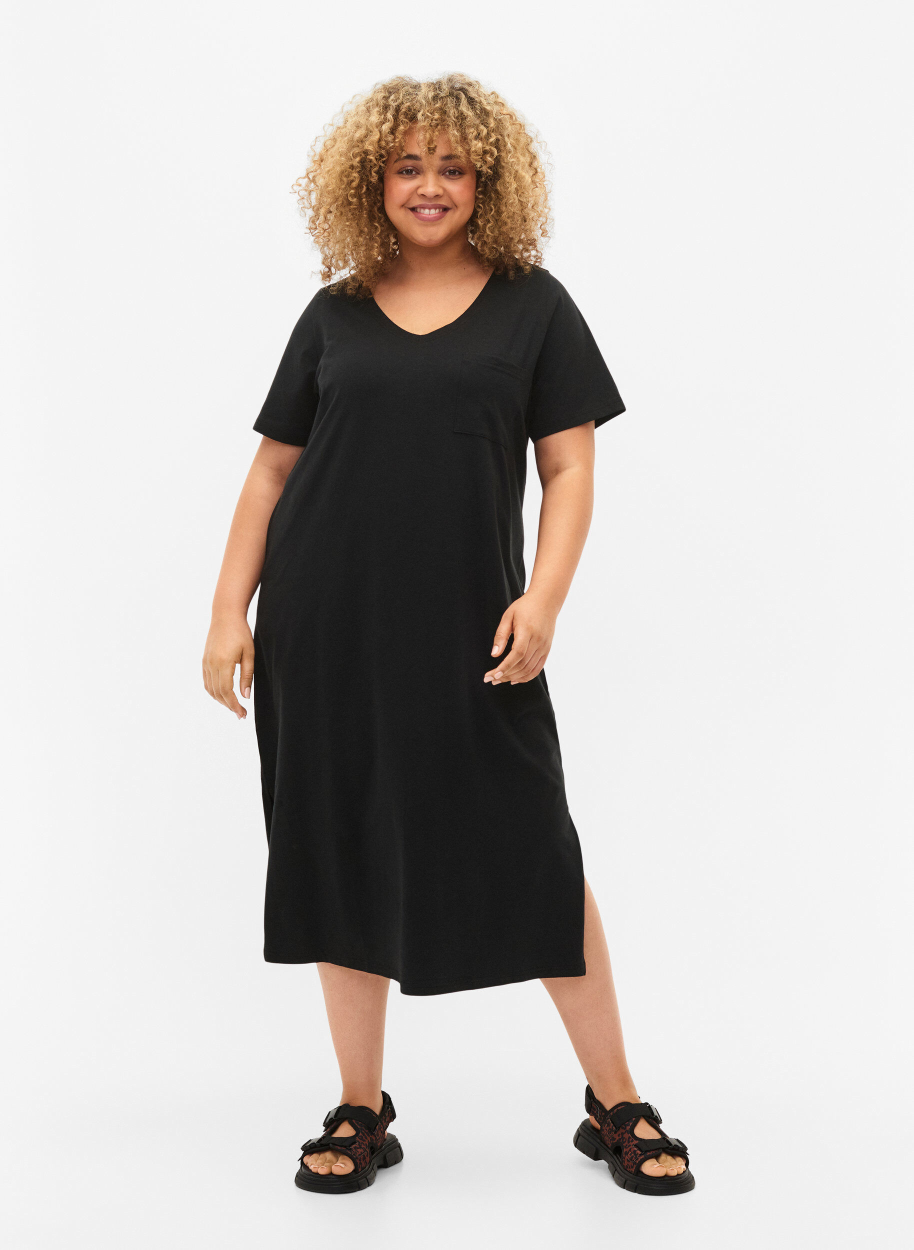 Zizzi Kurz&auml;rmeliges Baumwollkleid mit Schlitz, Black, Model image number 0