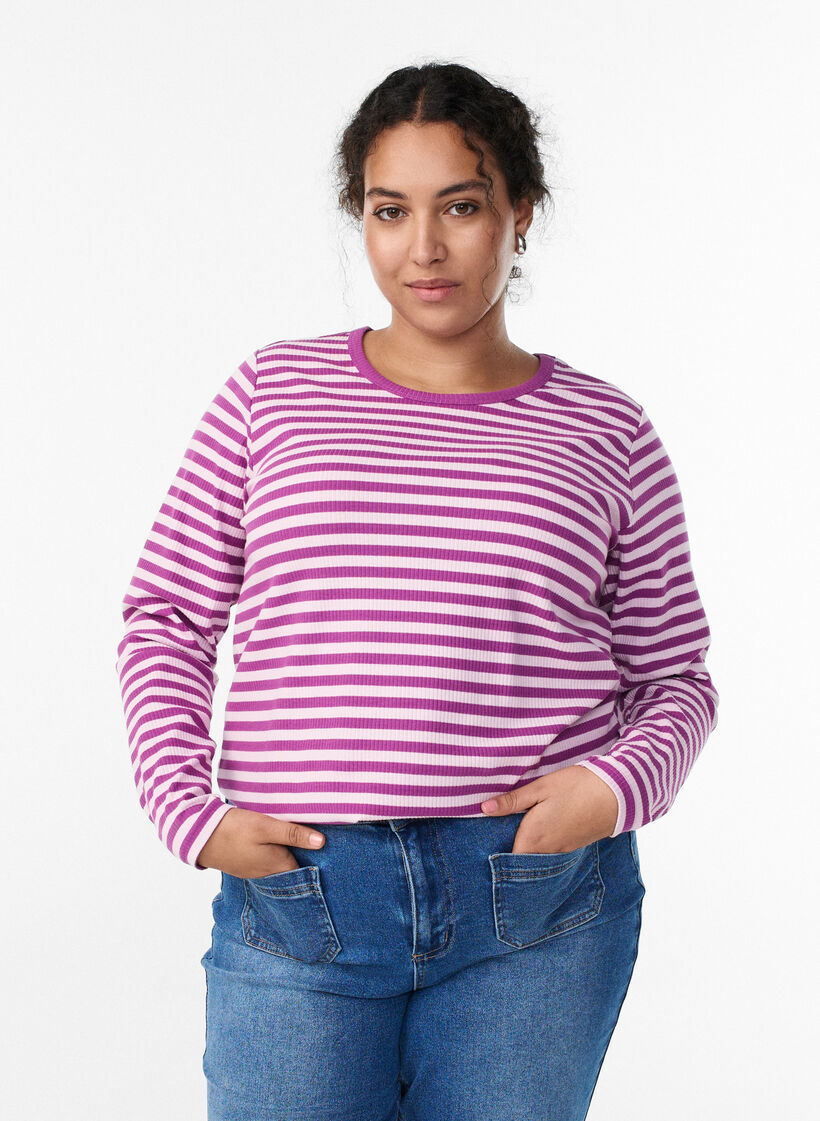 Gestreifte Bluse mit langen &Auml;rmeln, Lila, Model image number 0