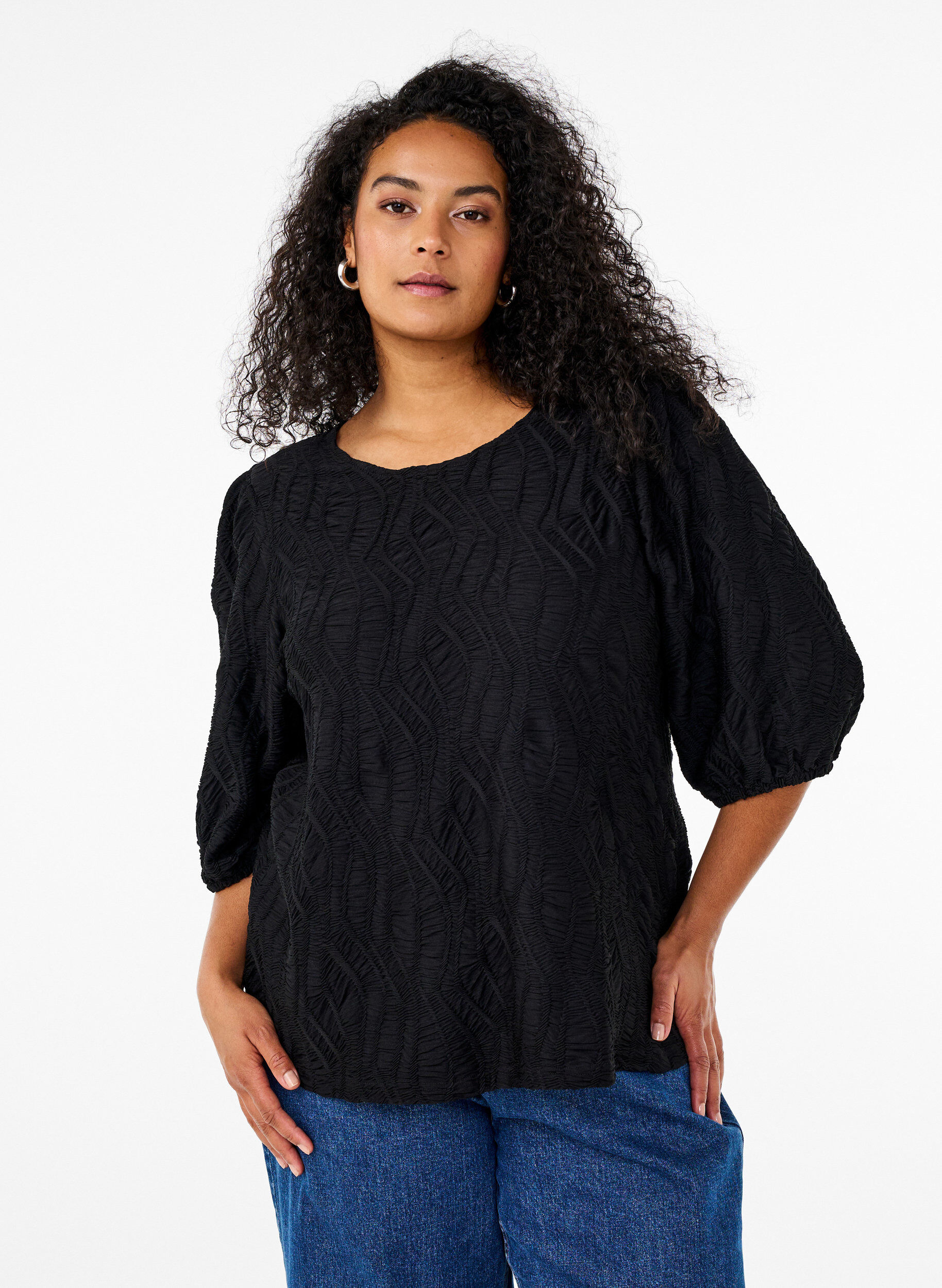 Bluse mit Struktur und 3/4-&Auml;rmeln, Schwarz, Model