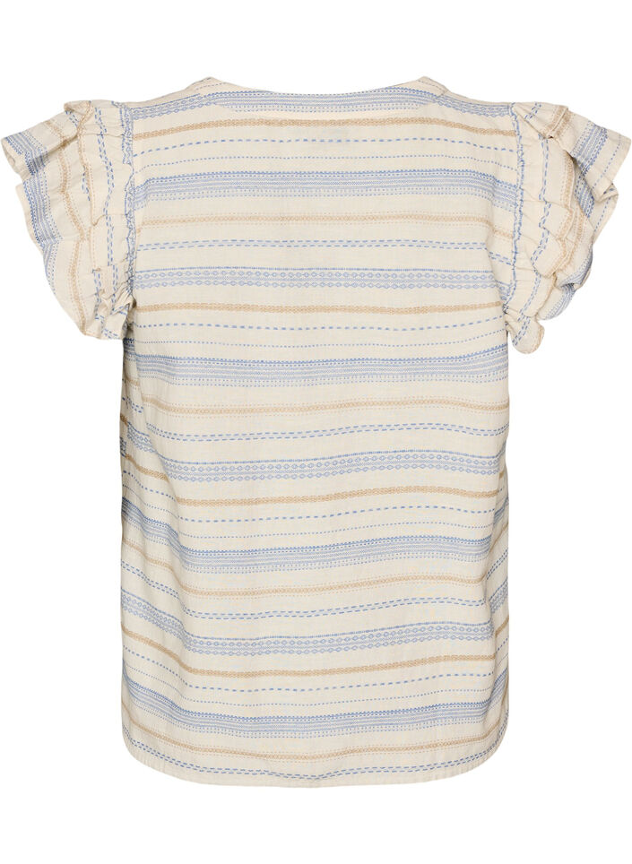 &Auml;rmellose Bluse mit R&uuml;schen und gemusterten Streifen, Vanille, Packshot image number 1