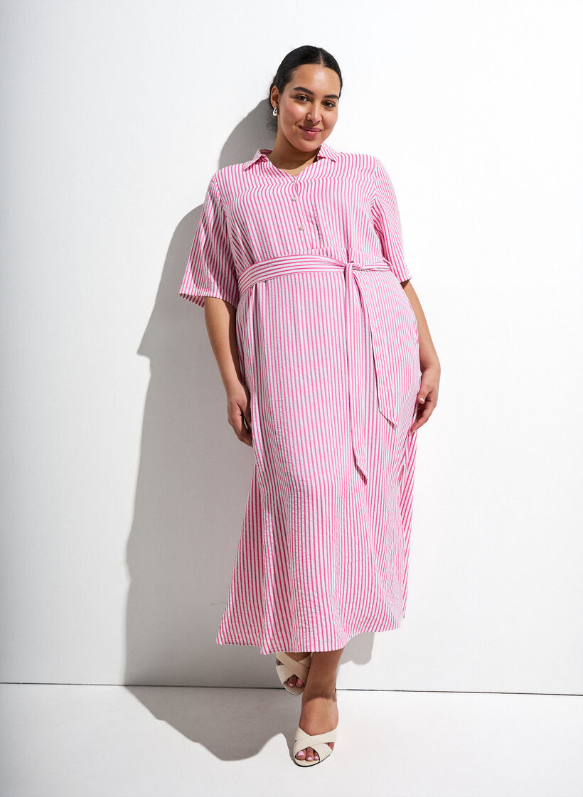 Kn&ouml;chellanges Hemdblusenkleid mit Bindeg&uuml;rtel und Streifen, Pink, Image image number 0