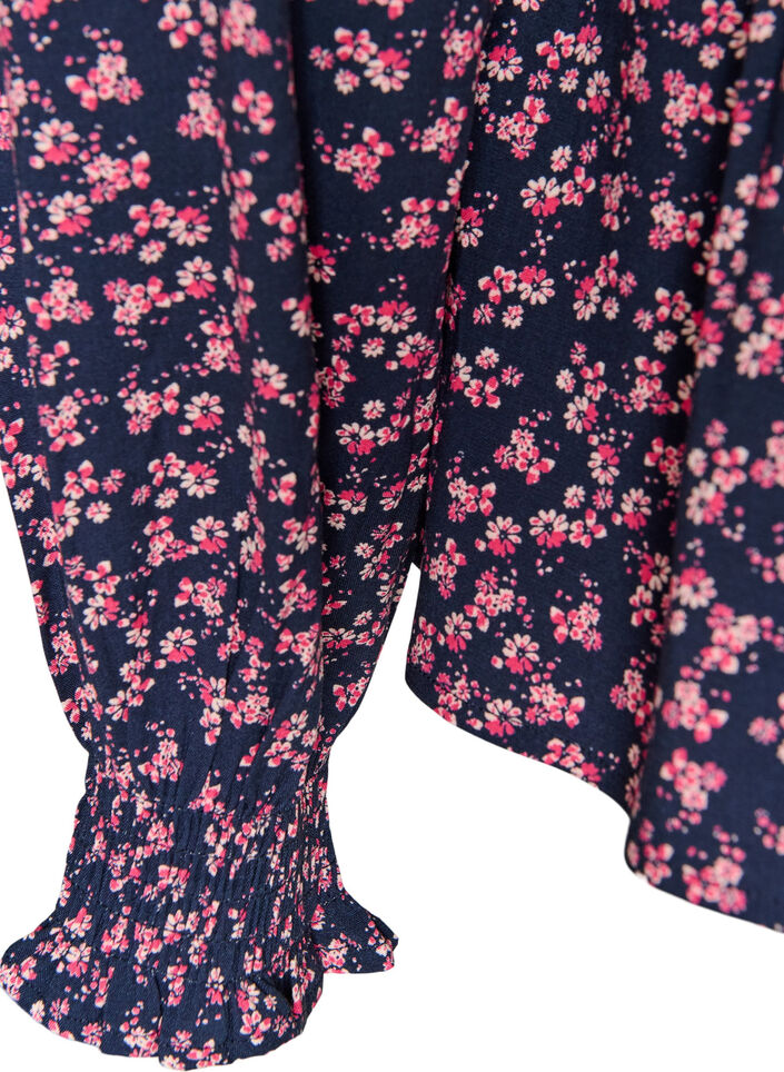 Bluse mit gesmoktem Oberteil und gebl&uuml;mtem Print, Blau, Packshot image number 3