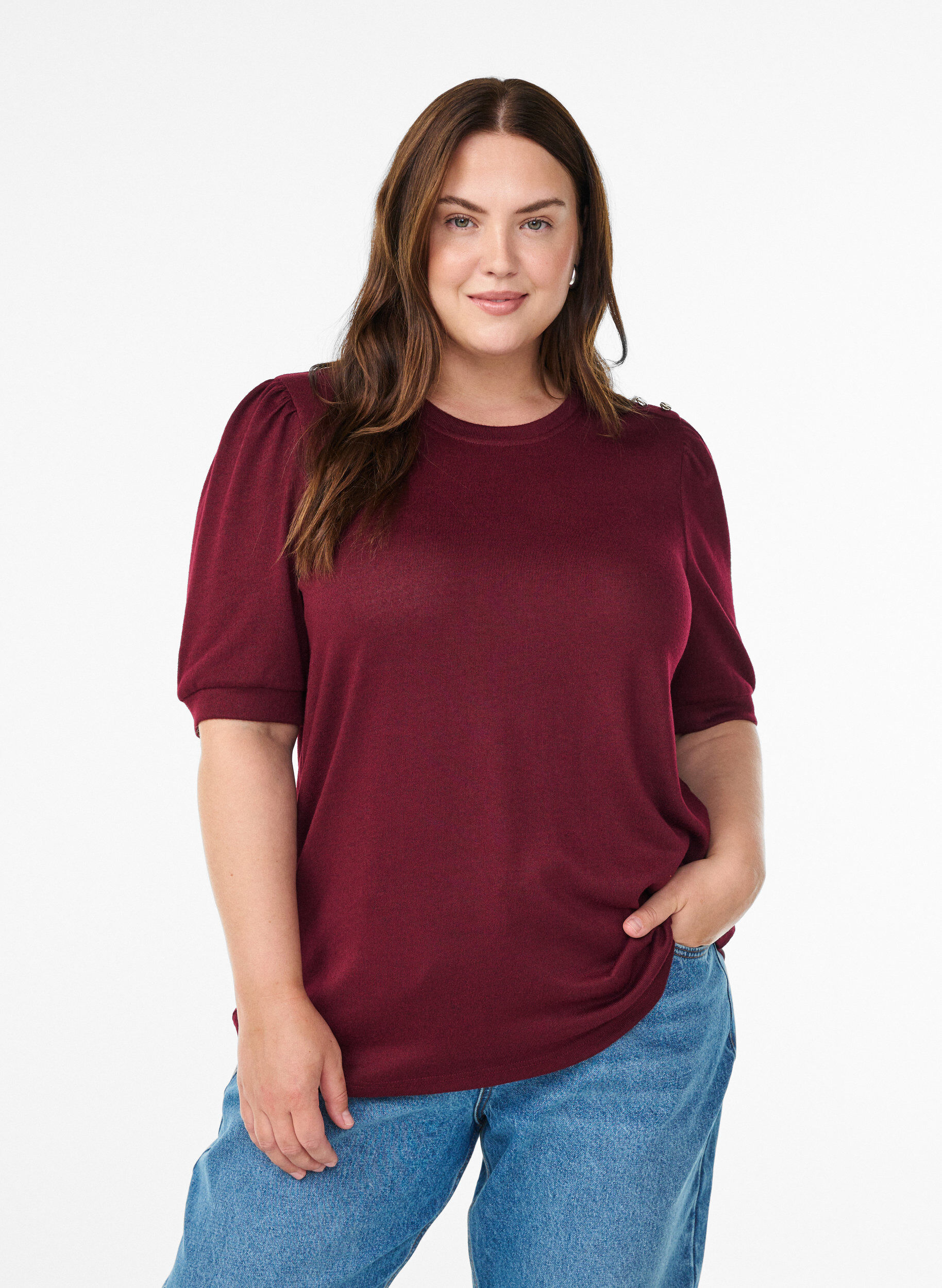ZizziBluse mit Knopfdetail und kurzen Puff&auml;rmeln, Dunkles Bordeaux, Model image number 0