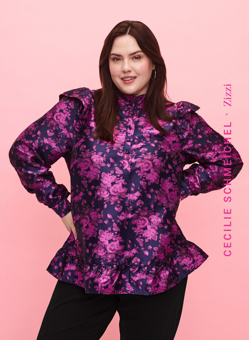  Geblümte Jacquard-Bluse mit Rüschendetails, Dark Blue Pink, Model image number 0