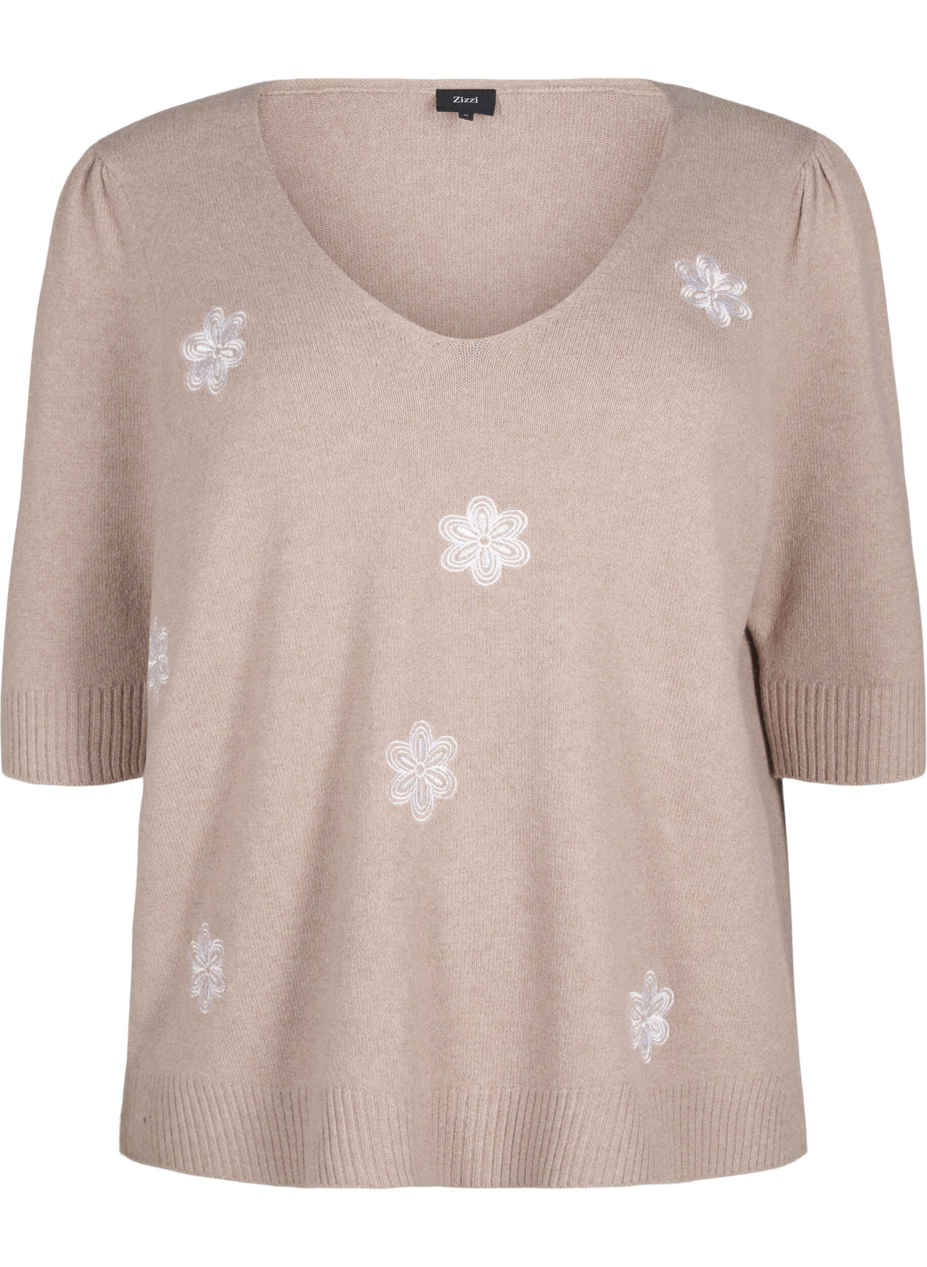 Zizzi Gestrickte Bluse mit gestickten Blumen, Simply Taupe Mel., Packshot image number 0