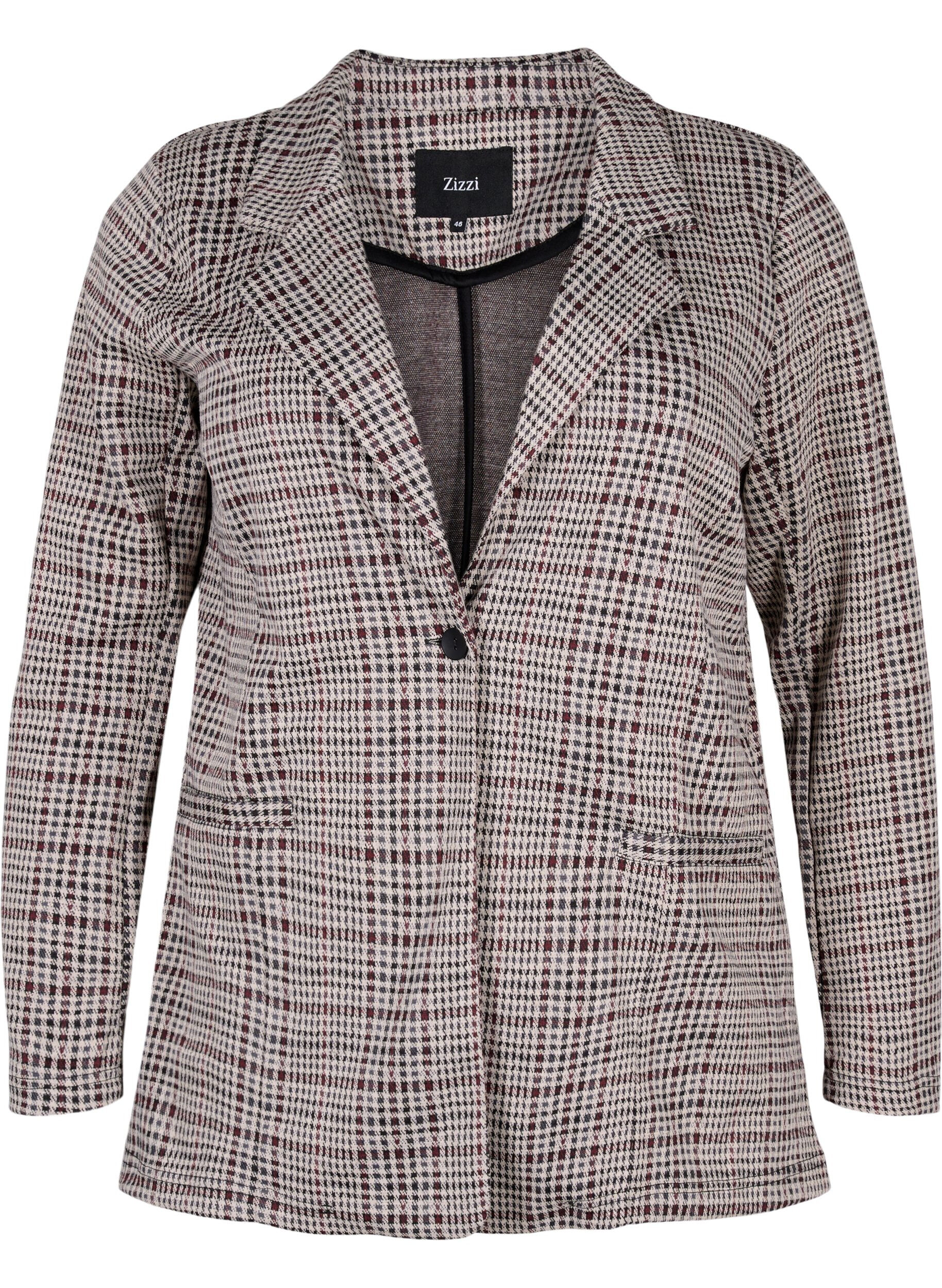 Zizzi Karierter Blazer mit Knopfverschluss, Brown Check, Packshot image number 0