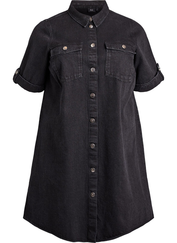 Robe en denim avec manches courtes et boutons, Noir, Packshot image number 0