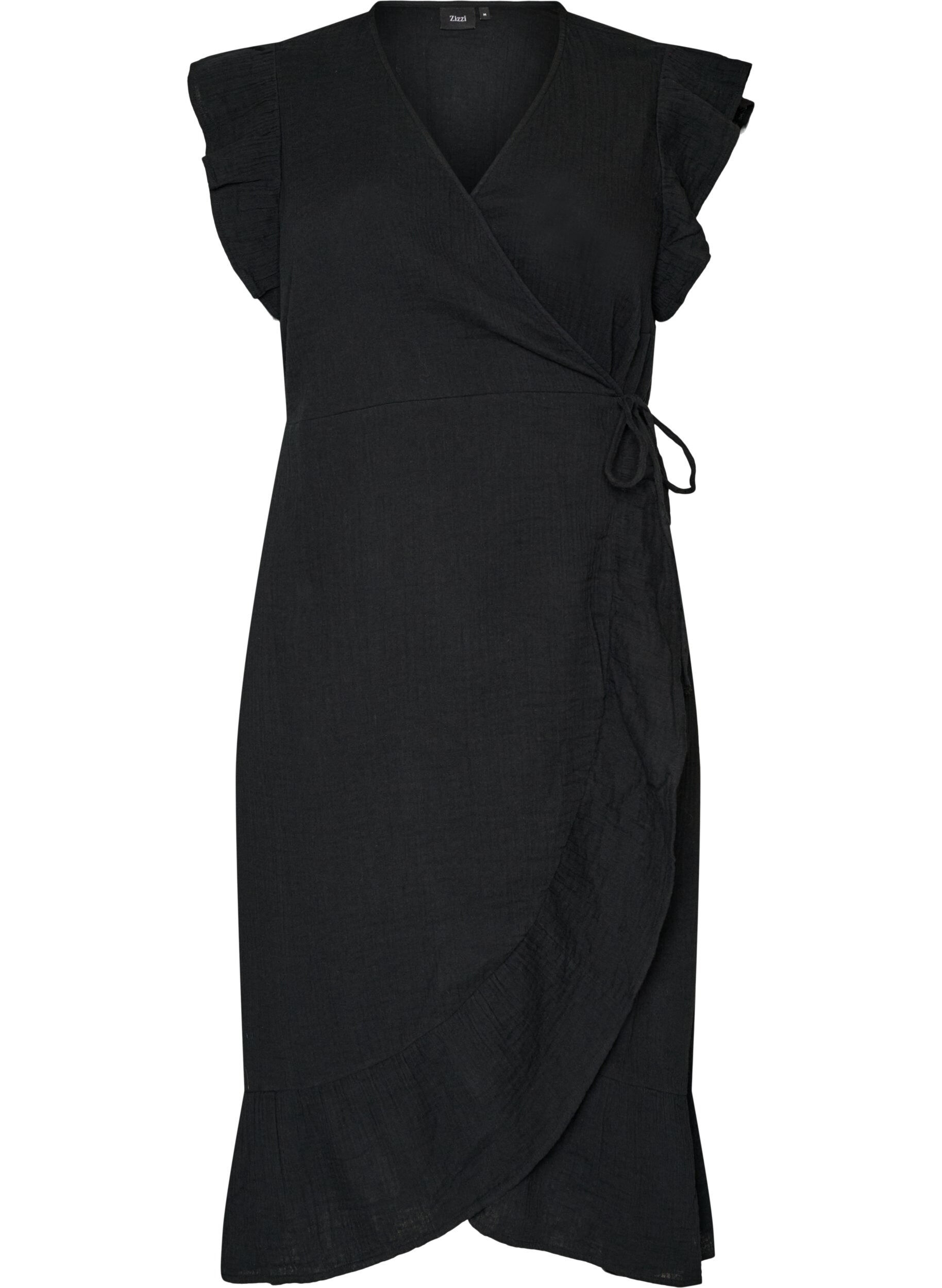 ZizziWickelkleid aus Baumwoll-Musselin mit R&uuml;schen, Schwarz, Packshot image number 0