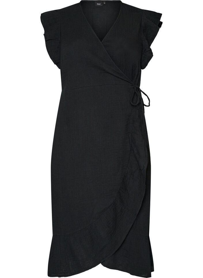 Wickelkleid aus Baumwoll-Musselin mit R&uuml;schen, Schwarz, Packshot image number 0