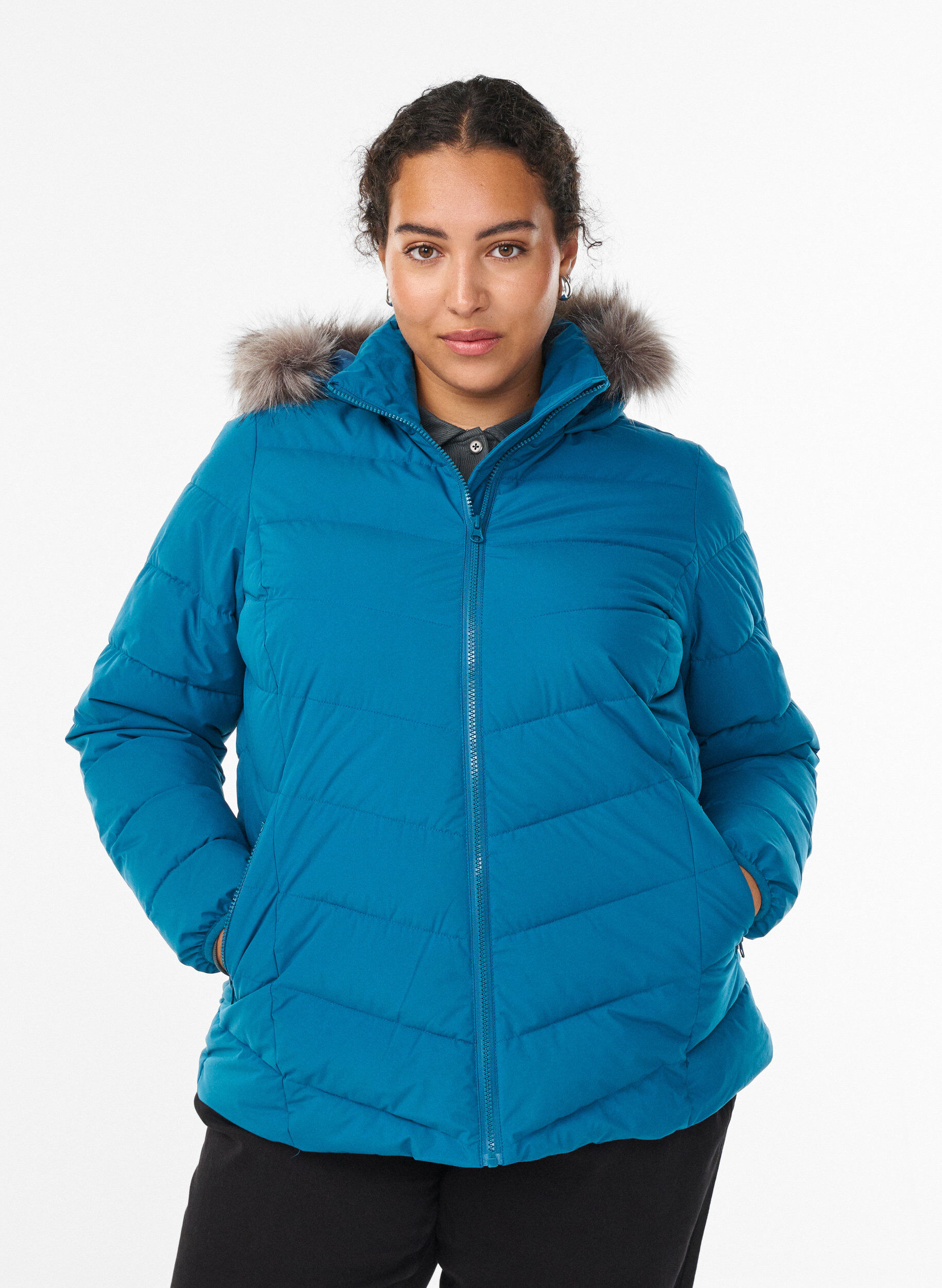 Zizzi Kurze Steppjacke mit Kapuze, Petrol, Model image number 0