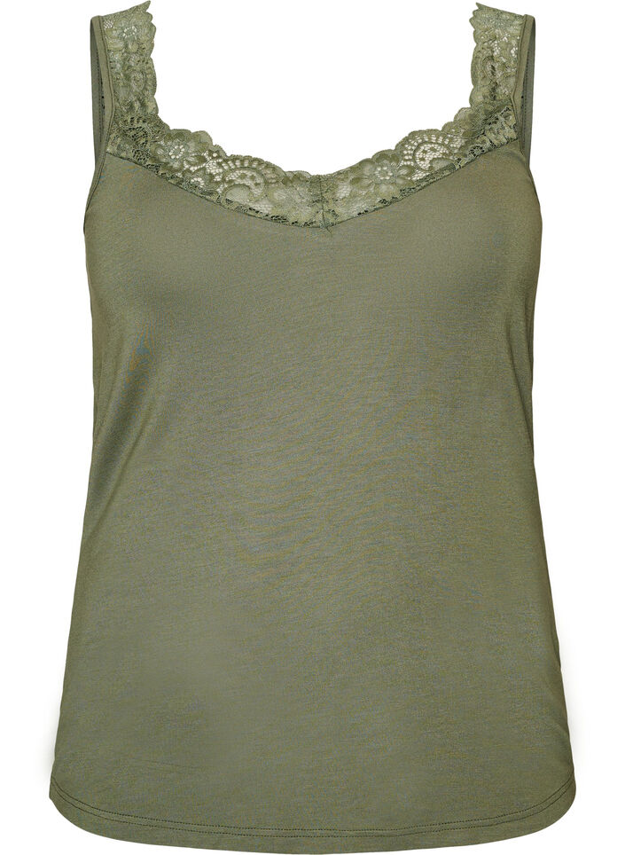 Top en viscose avec bord en dentelle, Vert, Packshot image number 0