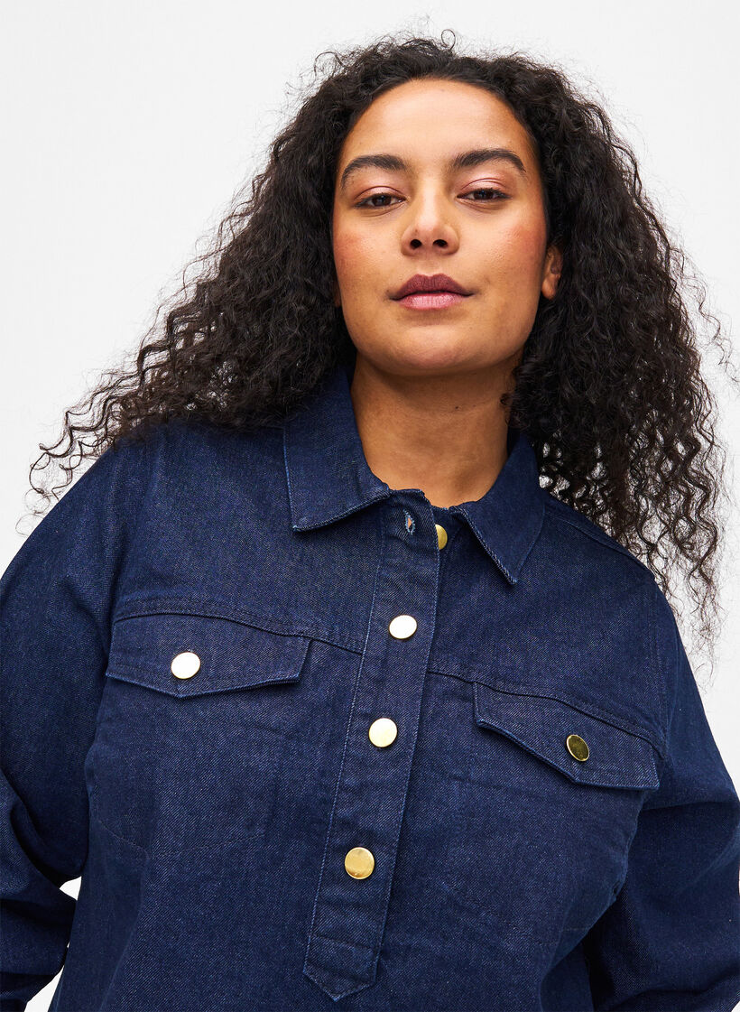 Robe en jean coupe trapèze avec des boutons, Dark Blue Denim, Model image number 2