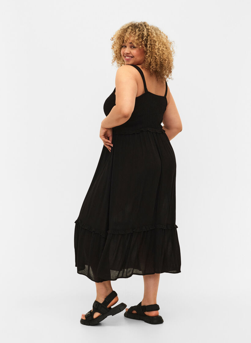 Robe midi en viscose avec smock, Black, Model image number 1
