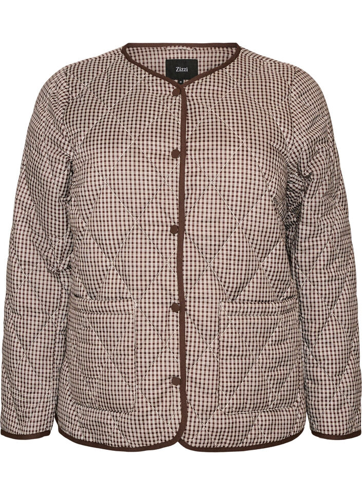 Steppjacke mit kleinem Karomuster und Kontrastbesatz, Braun, Packshot image number 0