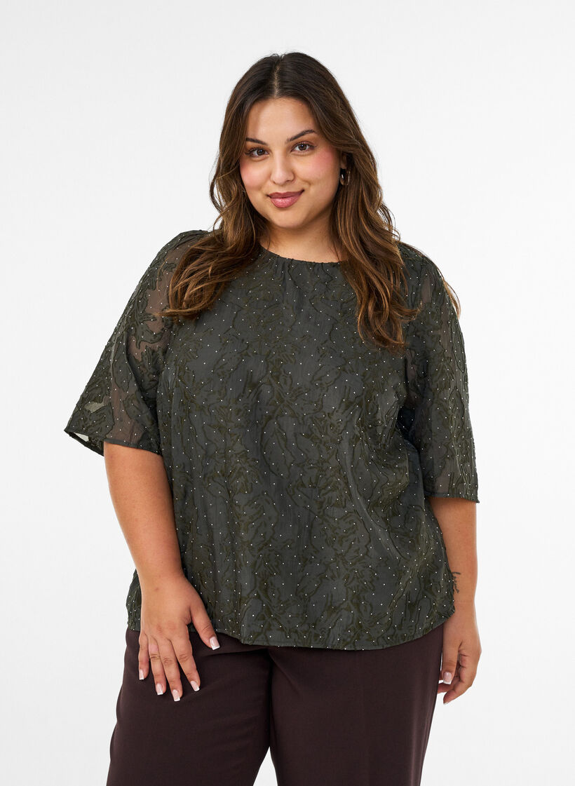 Blouse jacquard avec d&eacute;tails scintillants et manches bouffantes, Vert fonc&eacute;, Model image number 0