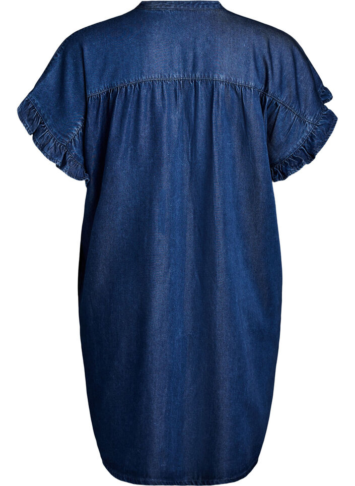Kleid in Denim-Optik mit Knopfleiste und R&uuml;schen&auml;rmeln, Blau, Packshot image number 1