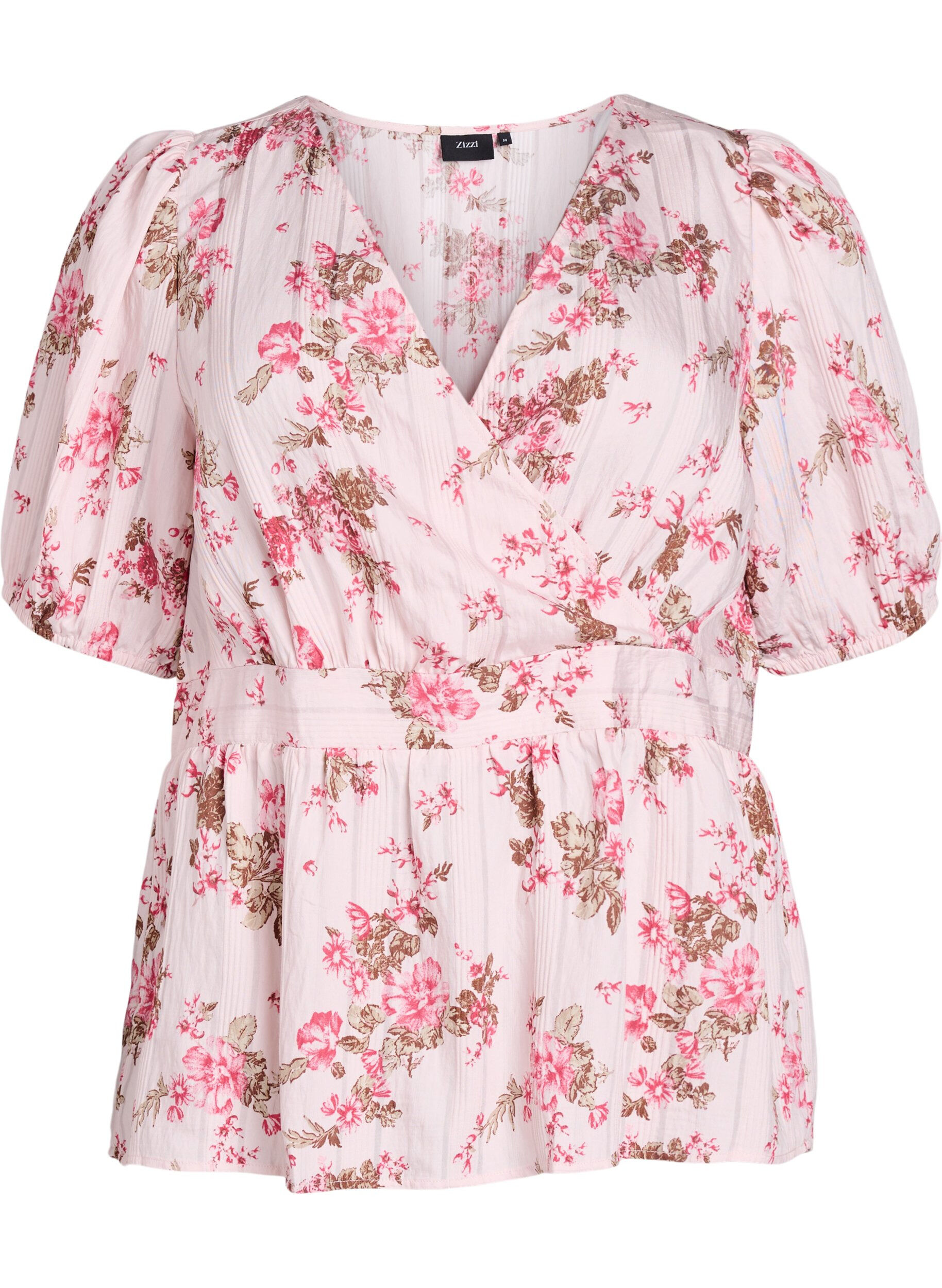 Zizzi Gebl&uuml;mte Bluse mit kurzen &Auml;rmeln und geraffter Taille, Pink, Packshot image number 0