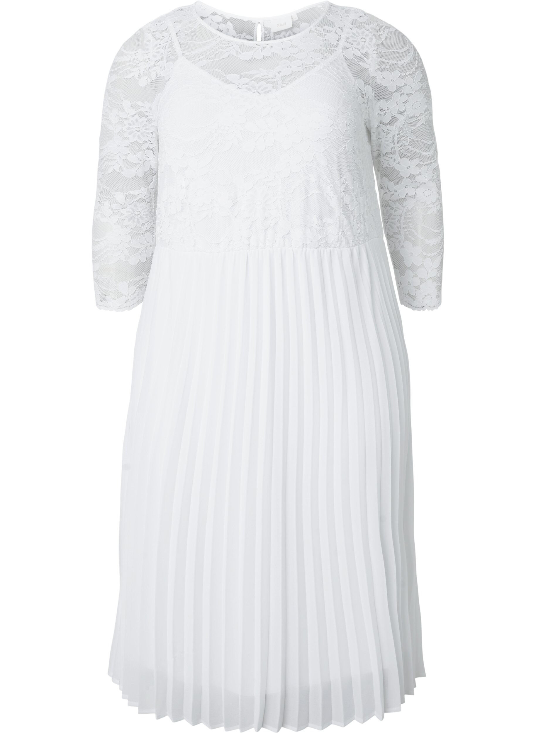 Zizzi Plissiertes Kleid mit Spitze und 3/4-&Auml;rmeln, Bright White, Packshot image number 0