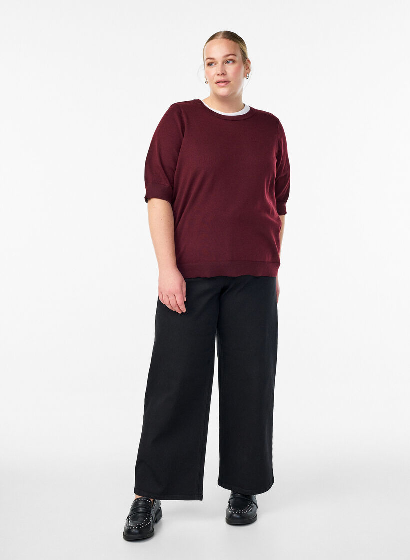 Blouse en fine maille &agrave; manches courtes, Bordeaux, Model image number 1