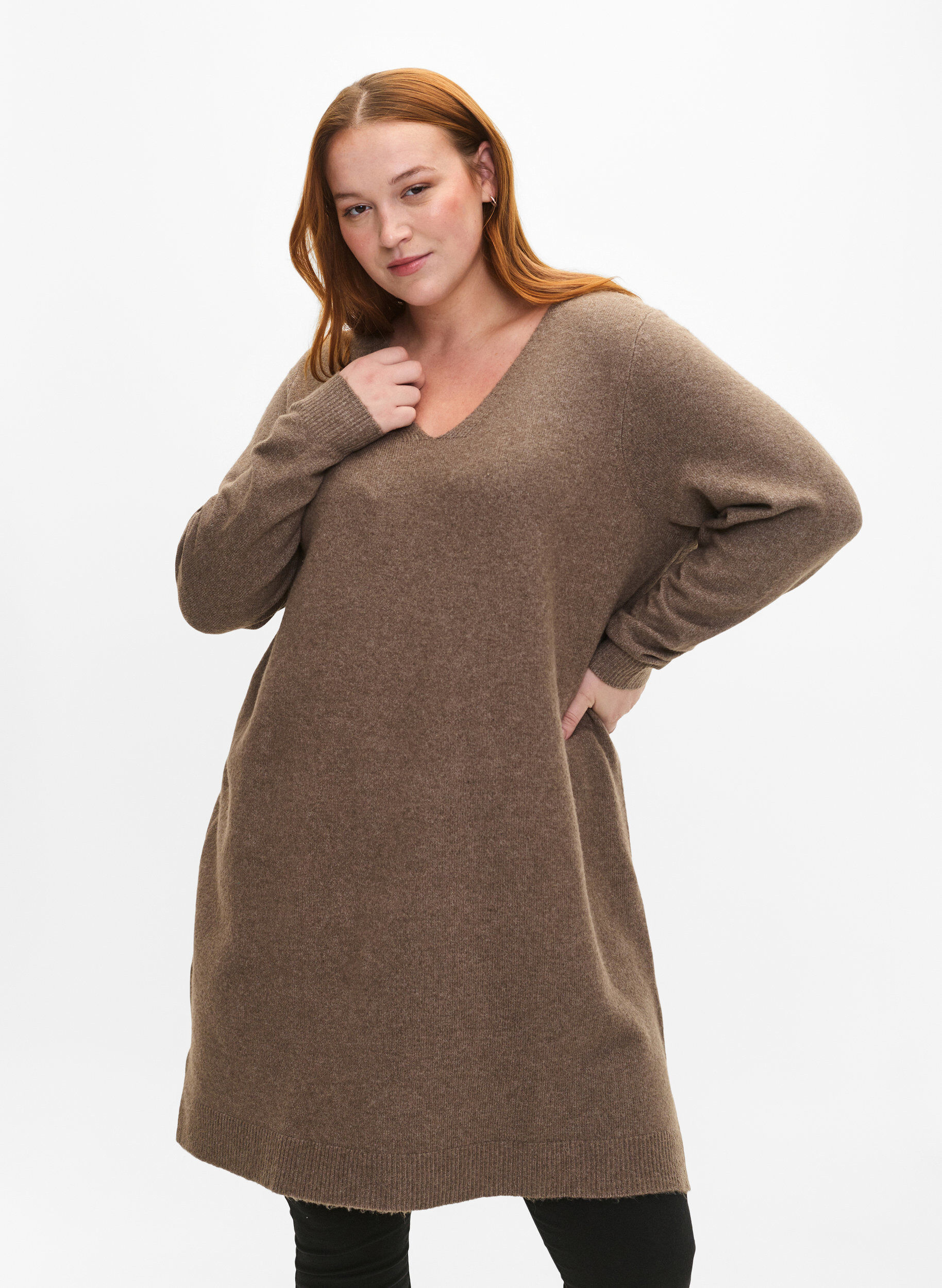 Zizzi Strickkleid mit Schlitz, Walnut/White, Model image number 0