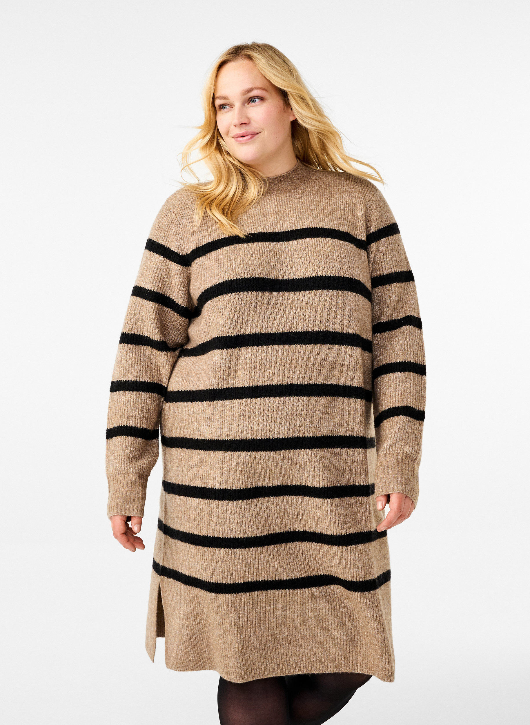 Zizzi Strickkleid mit langen &Auml;rmeln und Streifen, Desert Taupe Comb, Model image number 0