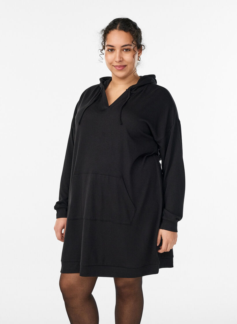 Robe sweat &agrave; capuche courte avec poche kangourou, Noir, Model image number 0