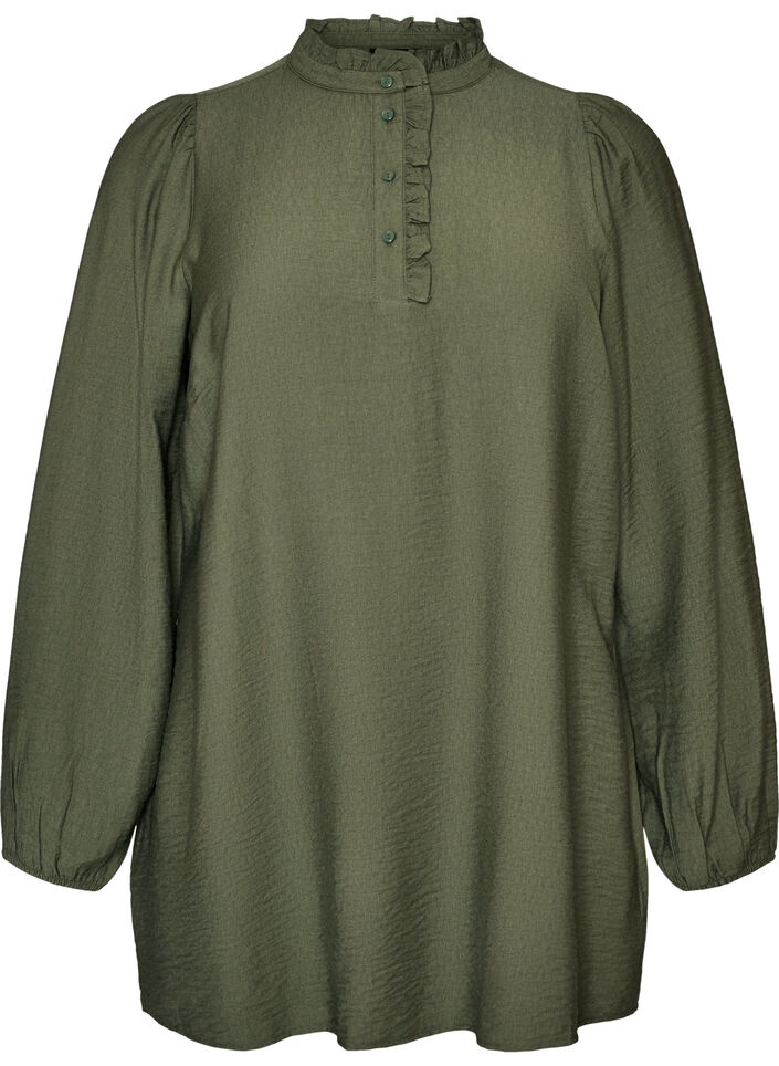 Tunique en viscose avec volants et boutons, Vert, Packshot image number 0