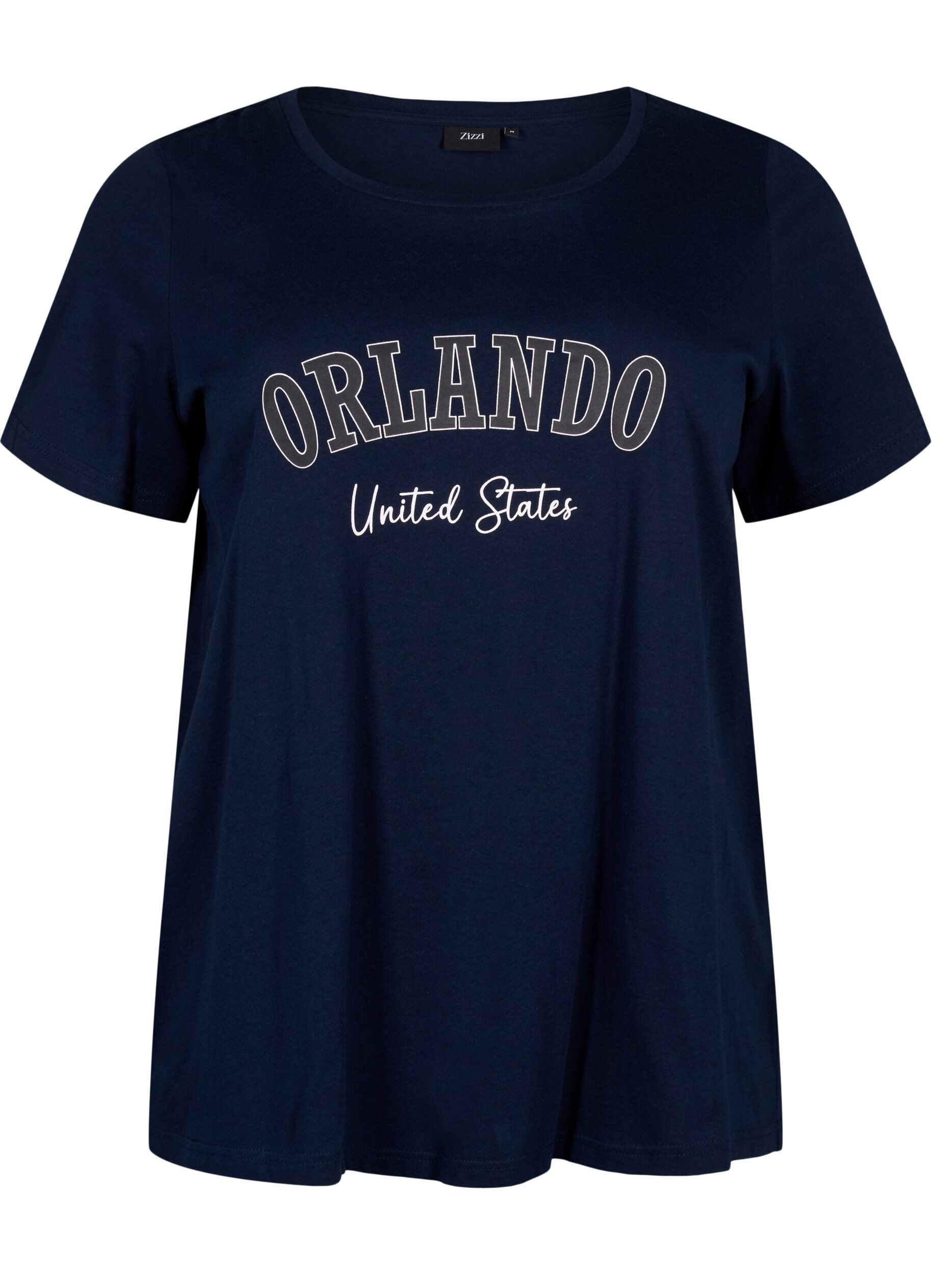 Zizzi T-shirt en coton avec texte, Navy B. Orlando, Packshot image number 0