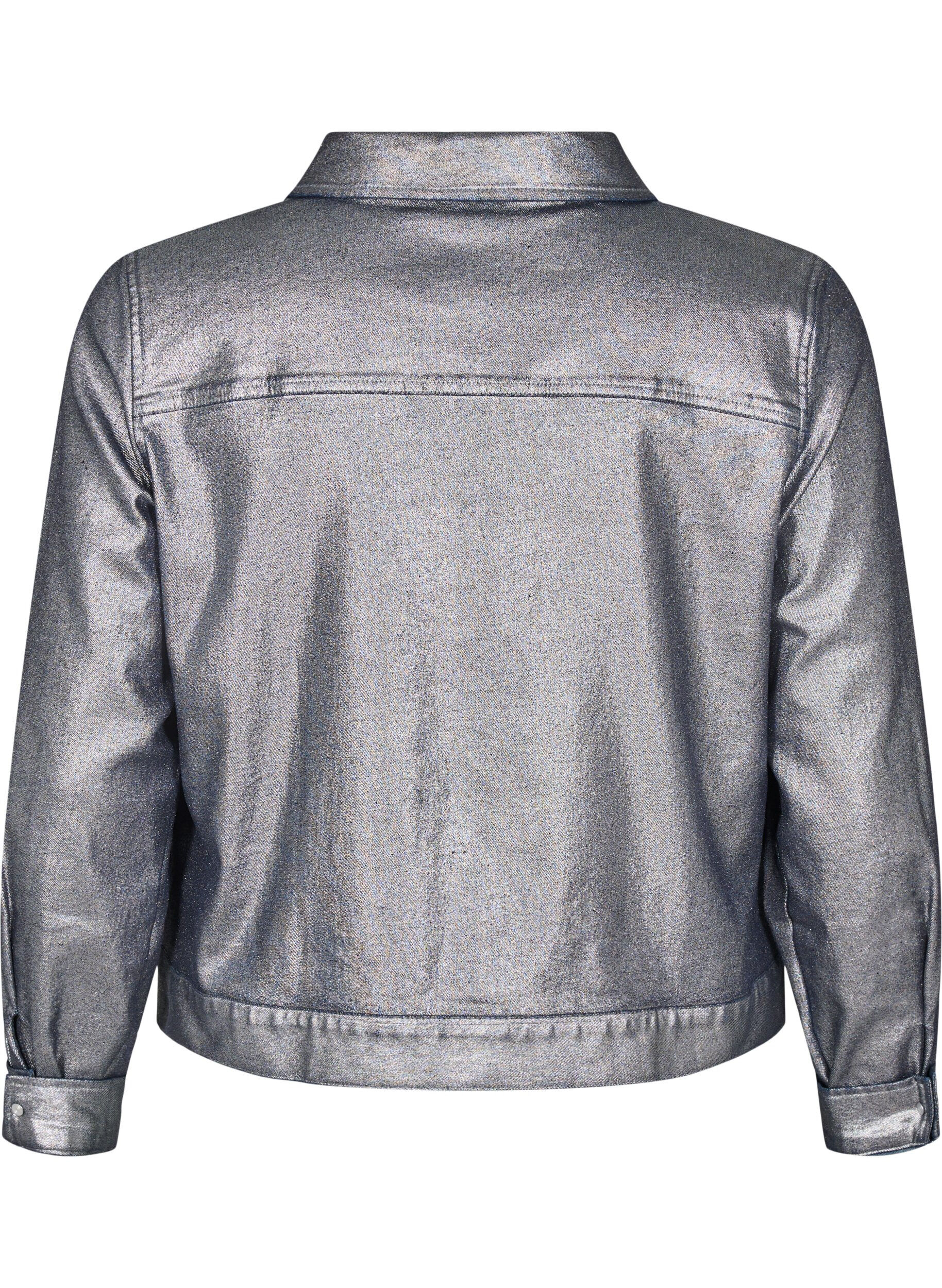 Zizzi Kurze Jeansjacke in Silberbeschichtung, Gun Silver, Packshot image number 1
