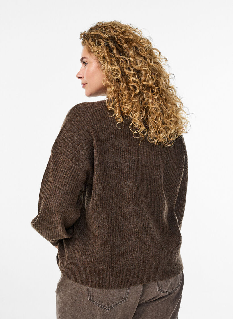 Rippenstrick Strickjacke mit Knöpfen, Braun, Model image number 2