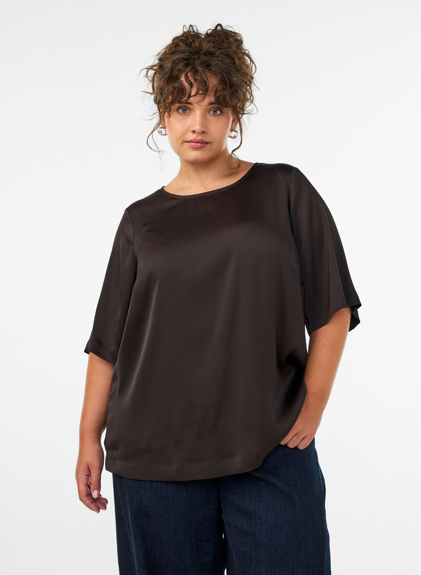 Bluse aus Satin mit ellenbogenlangen &Auml;rmeln, Braun, Model image number 0