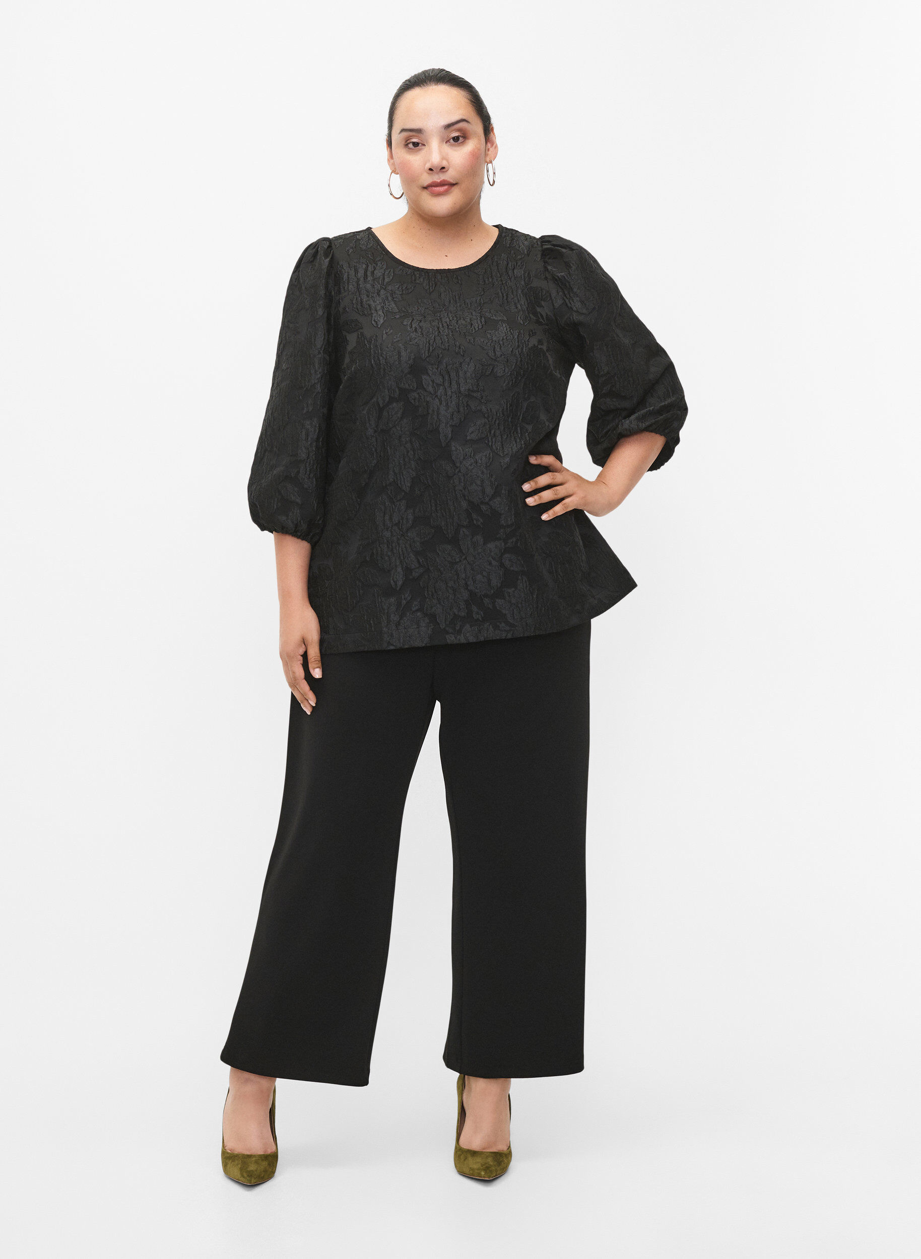Zizzi Blouse jacquard avec manches 3/4, Black, Model image number 2
