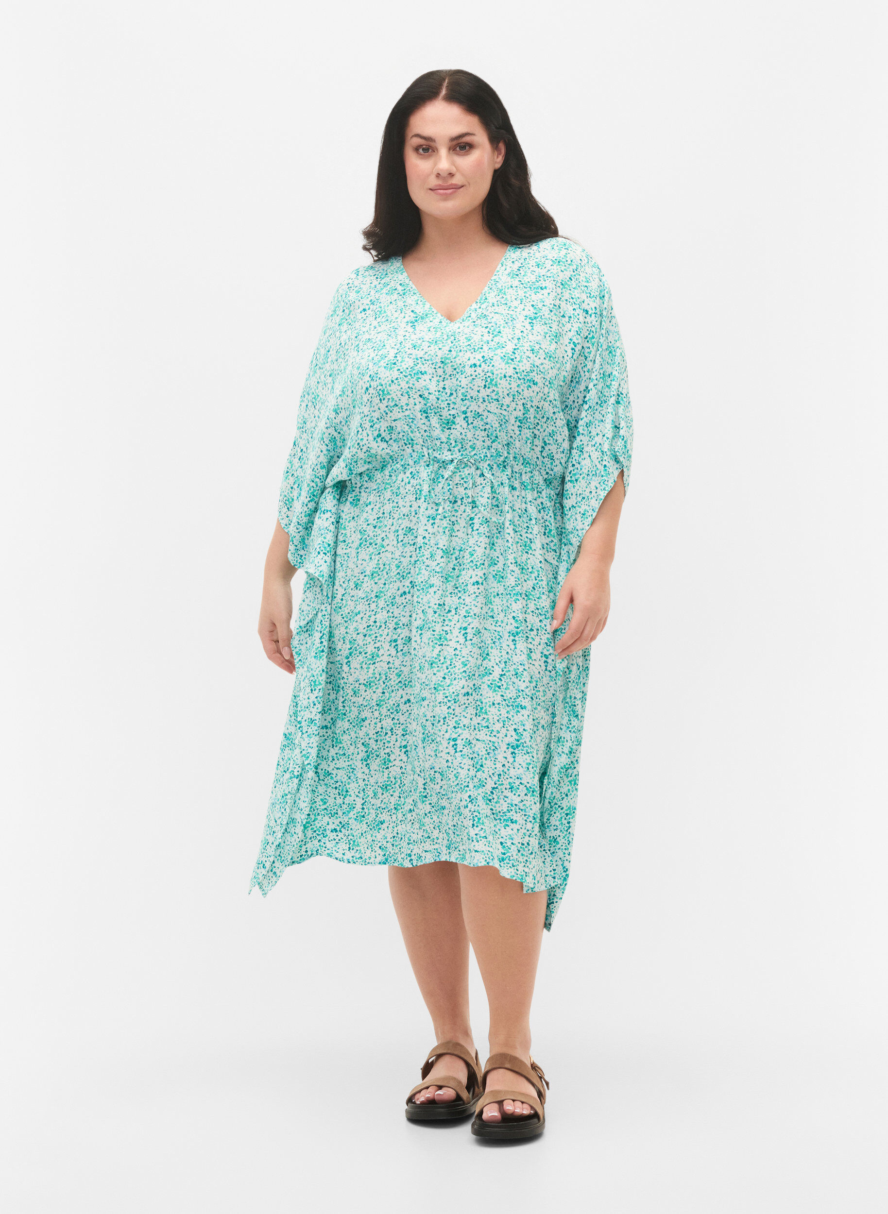 Zizzi Viskose Kaftan Kleid mit Druck, Green Dot, Model image number 3