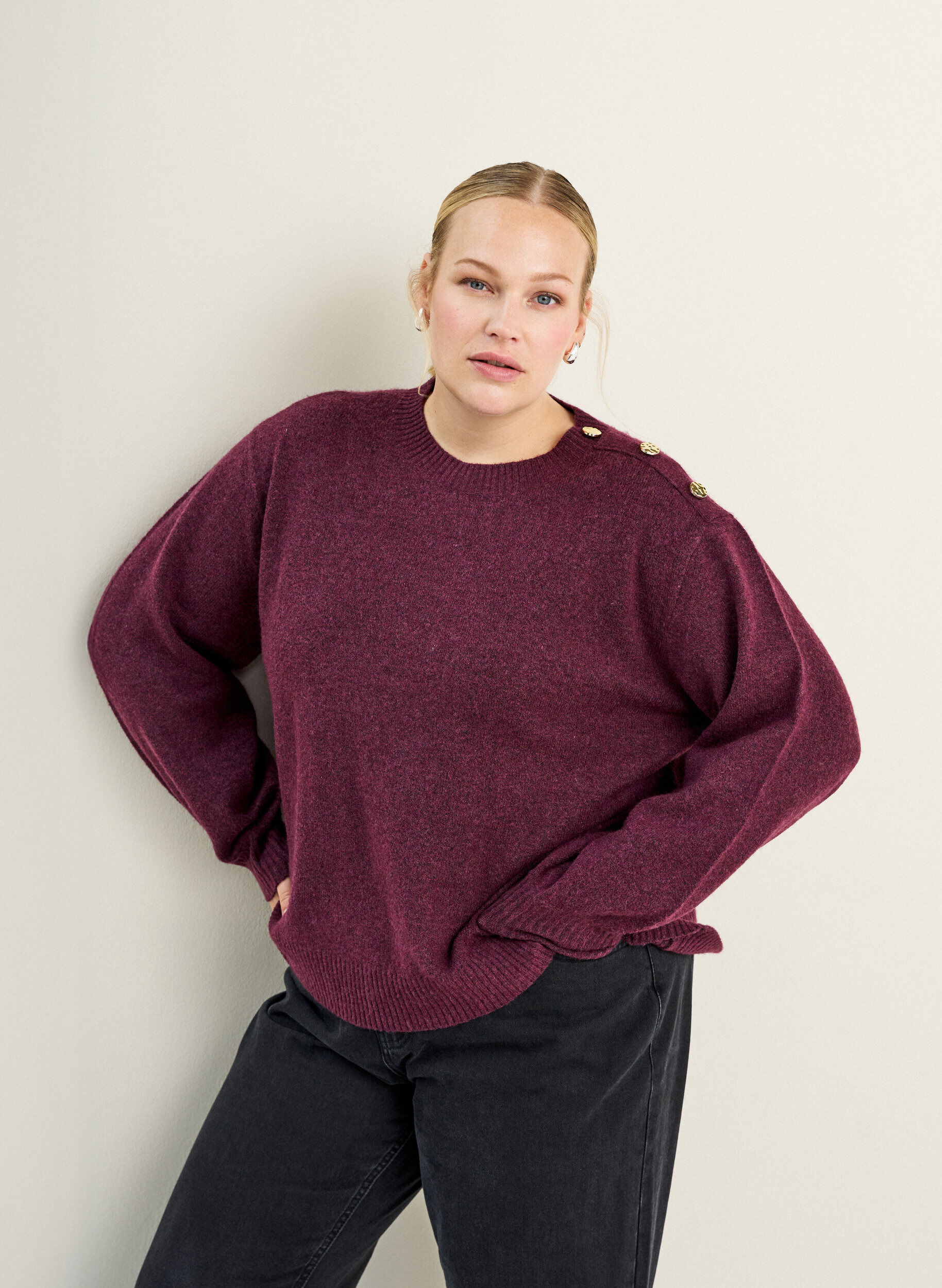Zizzi Strickbluse mit Knopfleiste, Dunkles Bordeaux, Image image number 0
