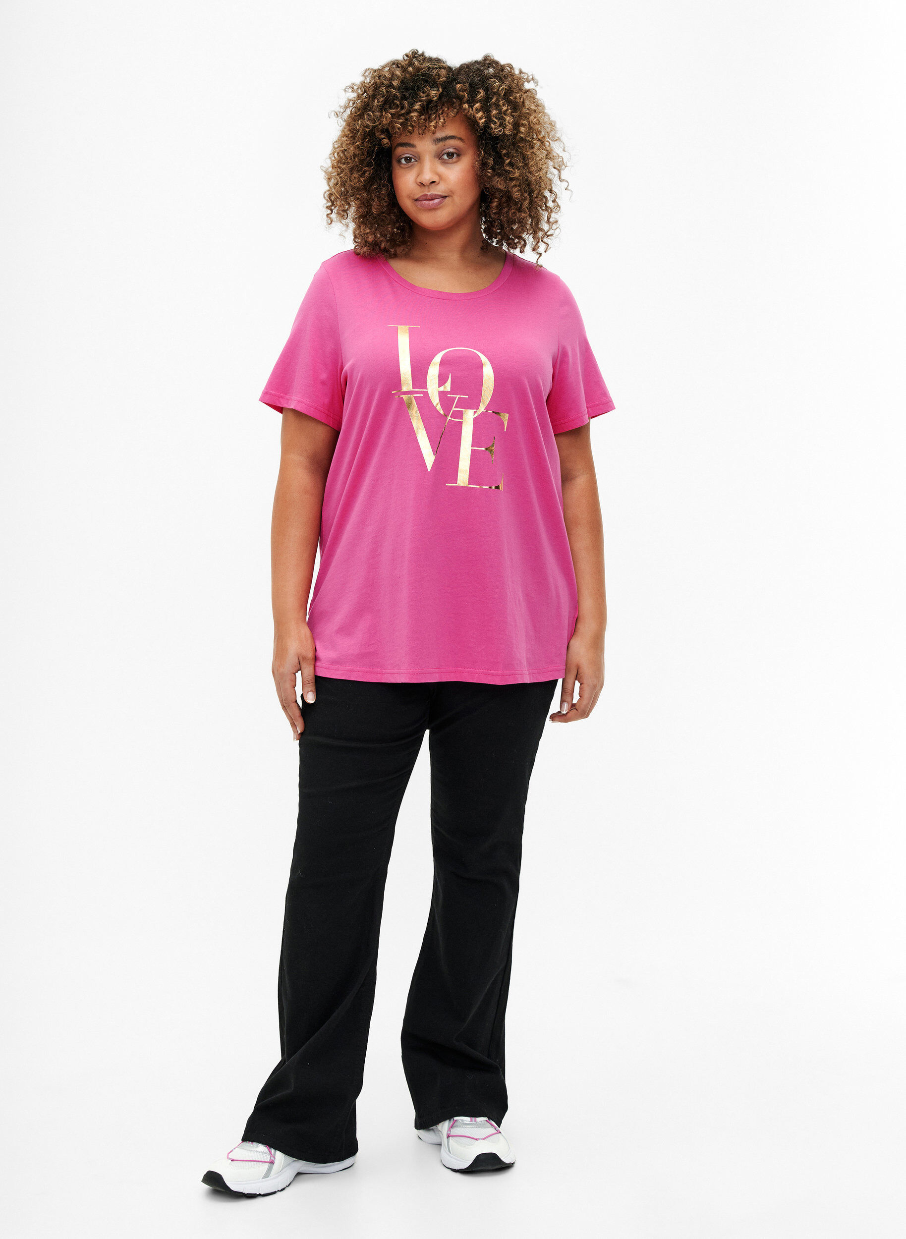 Zizzi T-shirt en coton avec texte dor&eacute;, R.Sorbet w.Gold Love, Model image number 2