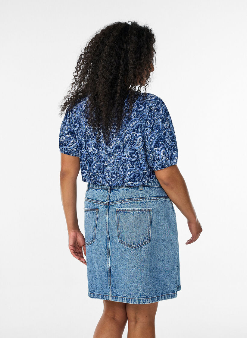 Gemusterte Bluse mit kurzen &Auml;rmeln, Blau, Model image number 2