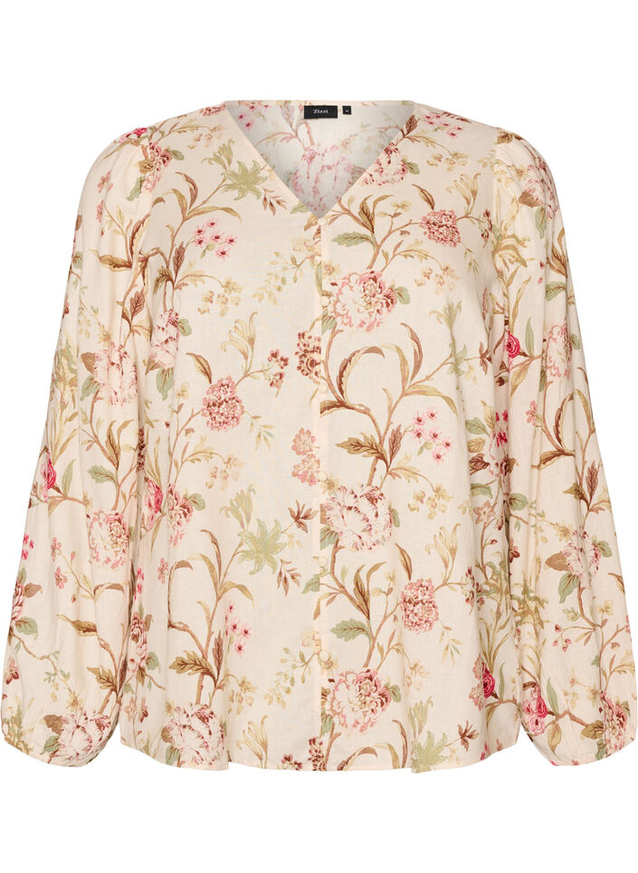 Blouse fleurie en lin et viscose &agrave; manches longues, Vanille, Packshot image number 0