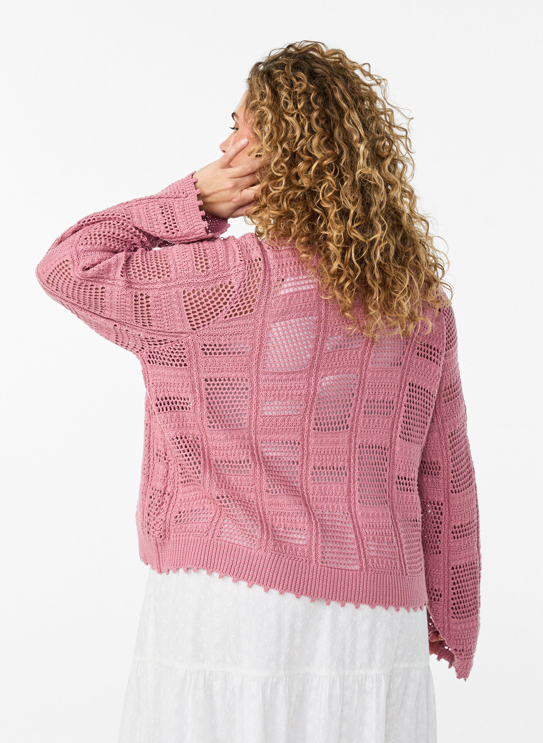 Zizzi Strickjacke mit Bindeb&auml;ndern und Lochmuster, Rot, Model image number 2
