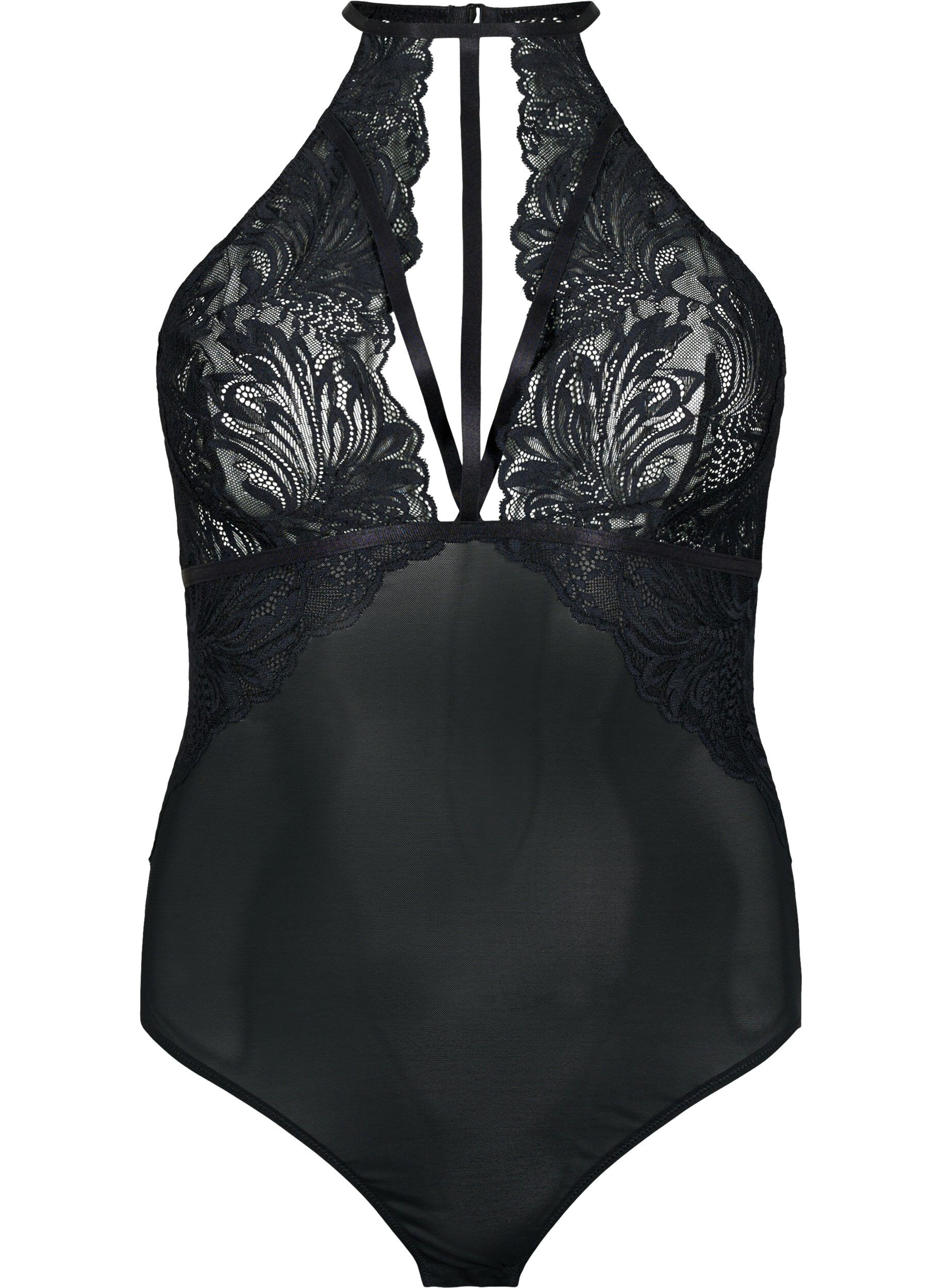 Zizzi Neckholder-Bodystocking mit Spitze und Strings, Black, Packshot image number 0