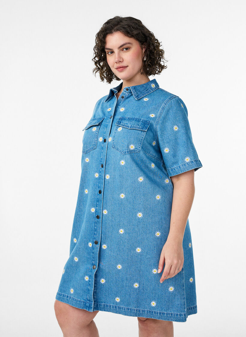 Robe courte en denim avec broderies florales, Bleu Clair, Model image number 0