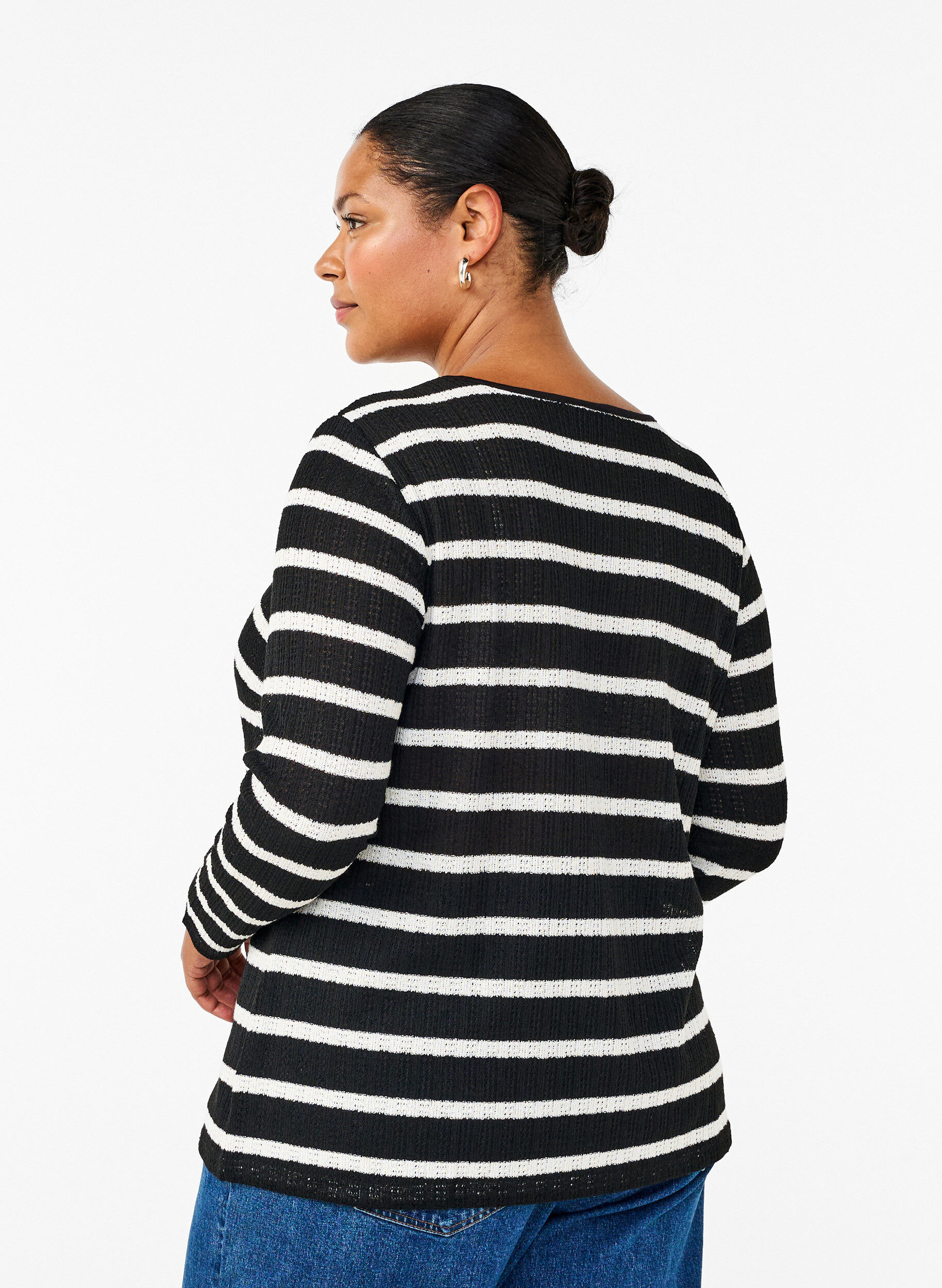 Zizzi Bluse mit Streifen und langen &Auml;rmeln, Black Sand Stripe, Model image number 1