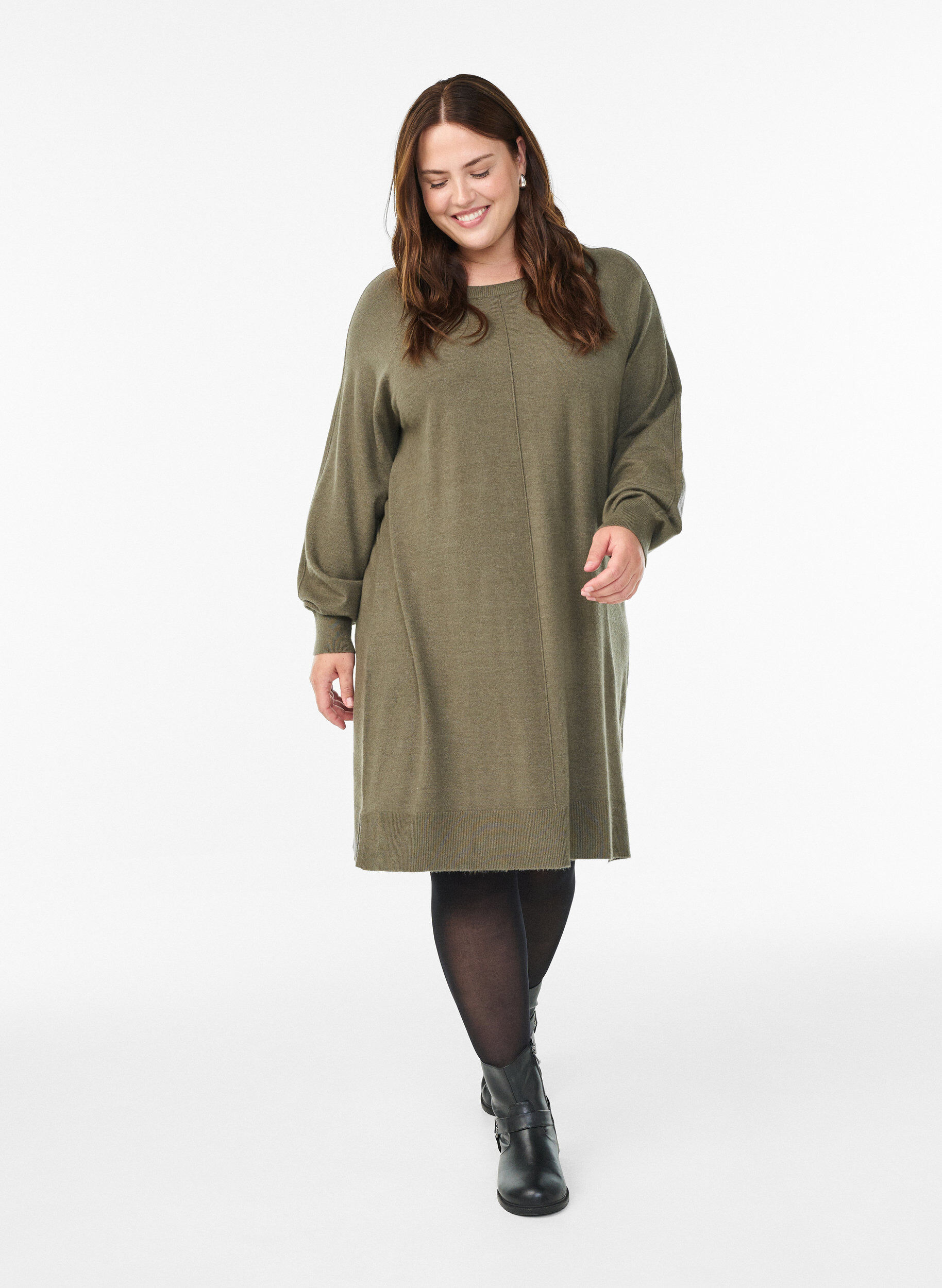ZizziStrickkleid mit Raglan&auml;rmeln und Mittelnaht, Gr&uuml;n, Model image number 1