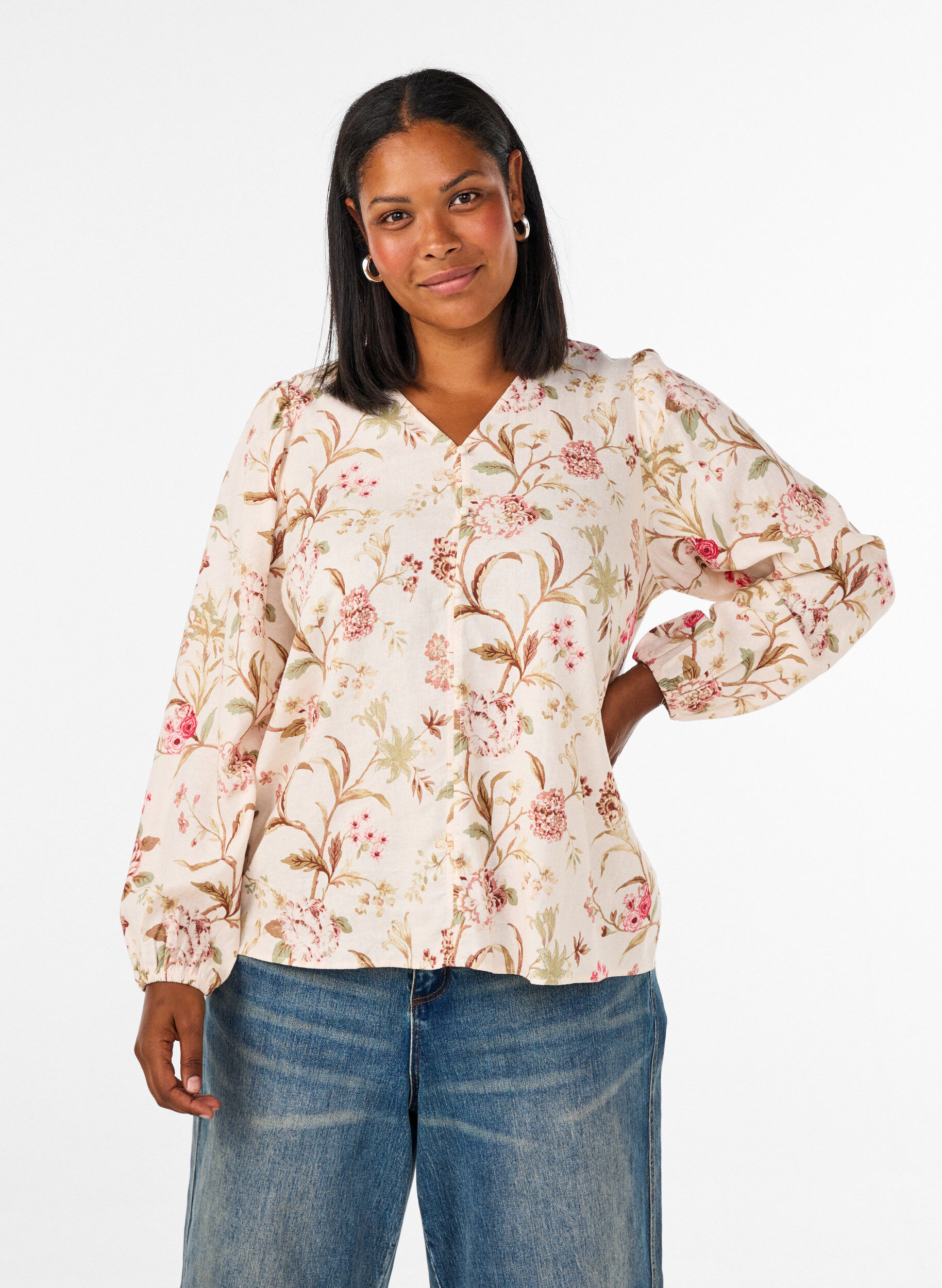 ZizziBlouse fleurie en lin et viscose &agrave; manches longues, Vanille, Model image number 0