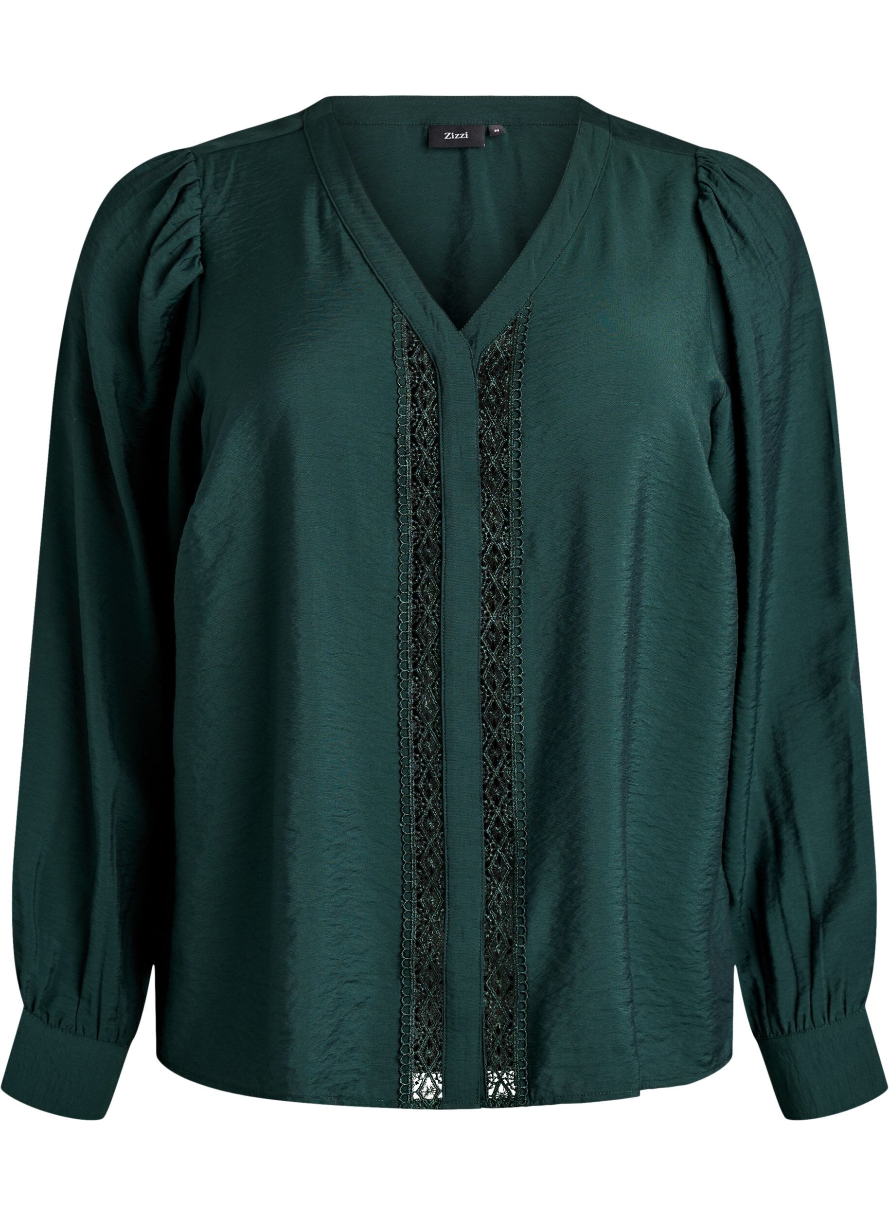Zizzi Blouse avec col en V et bandes brod&eacute;es, Vert fonc&eacute;, Packshot image number 0