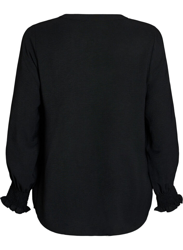 Blouse avec poignets smock&eacute;s et col en V, Noir, Packshot image number 1