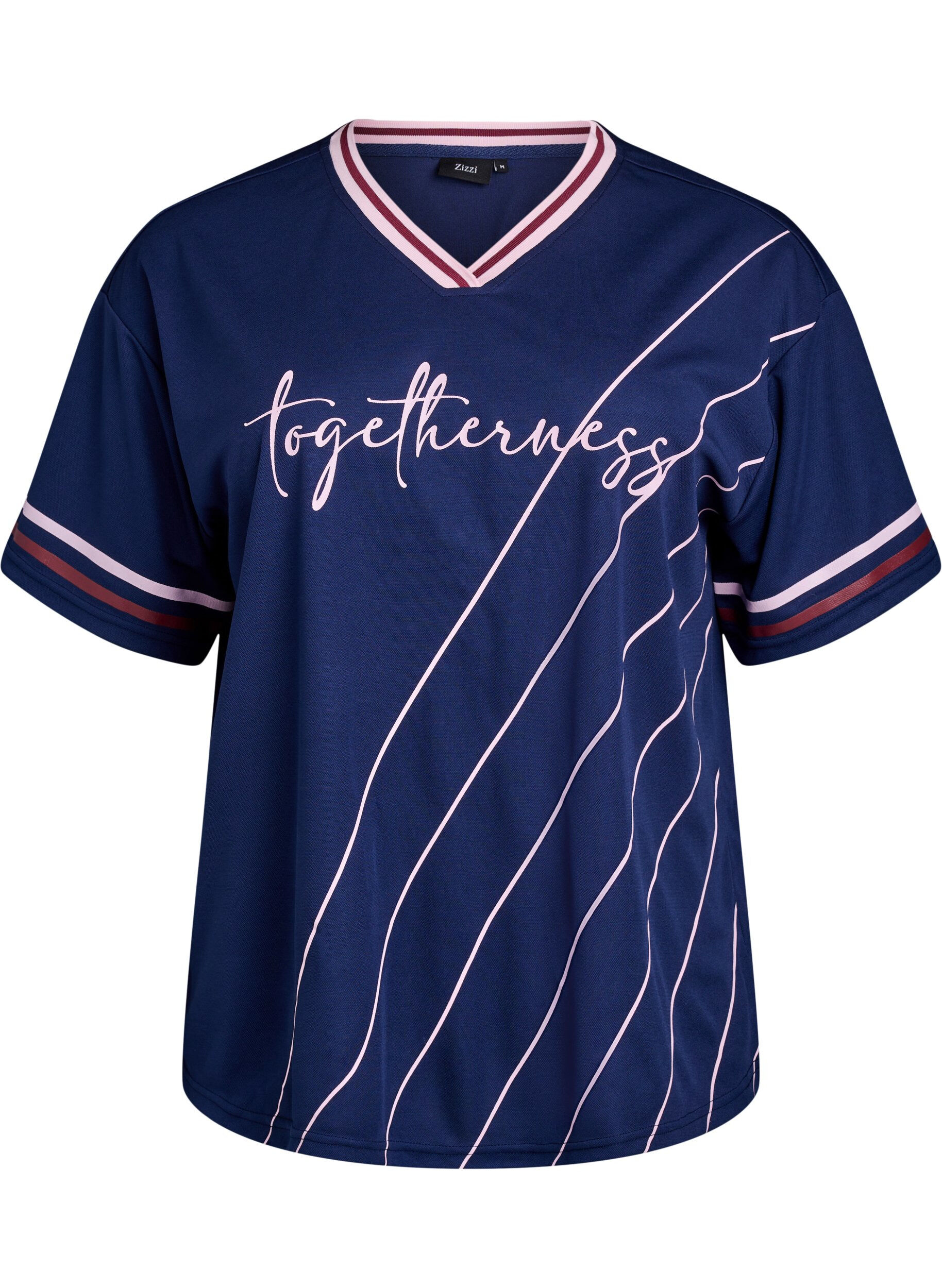 Zizzi T-shirt sportif avec des rayures et un motif avec du texte, Bleu, Packshot image number 0