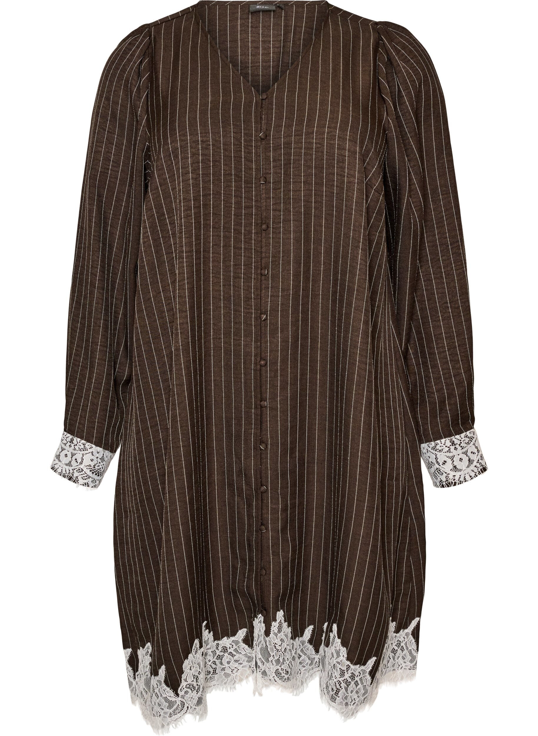 Robe mi-longue avec de fines rayures et des finitions en dentelle