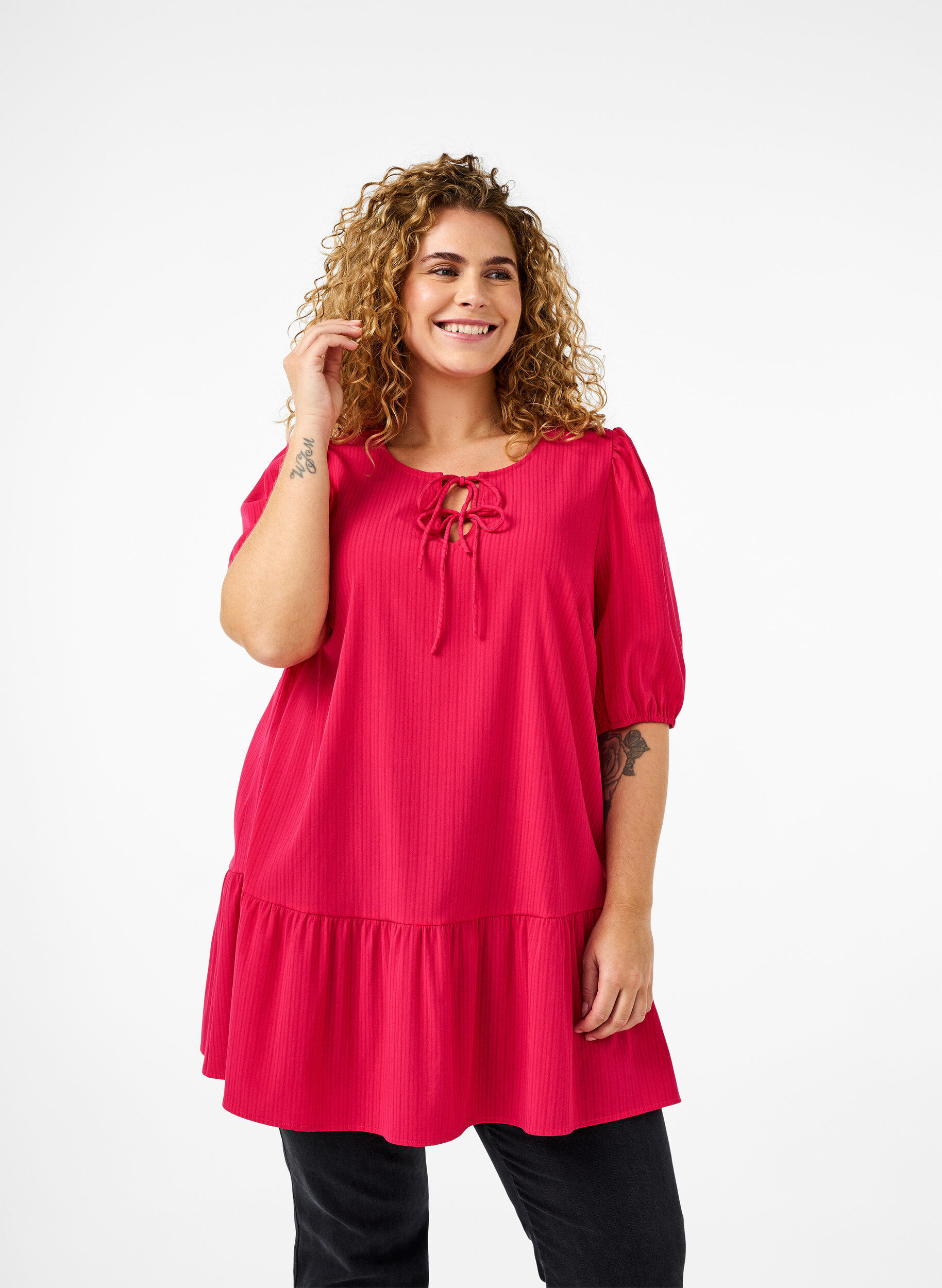 Zizzi Tunika aus Viskose mit Bindeb&auml;ndern, Bright Rose, Model image number 0