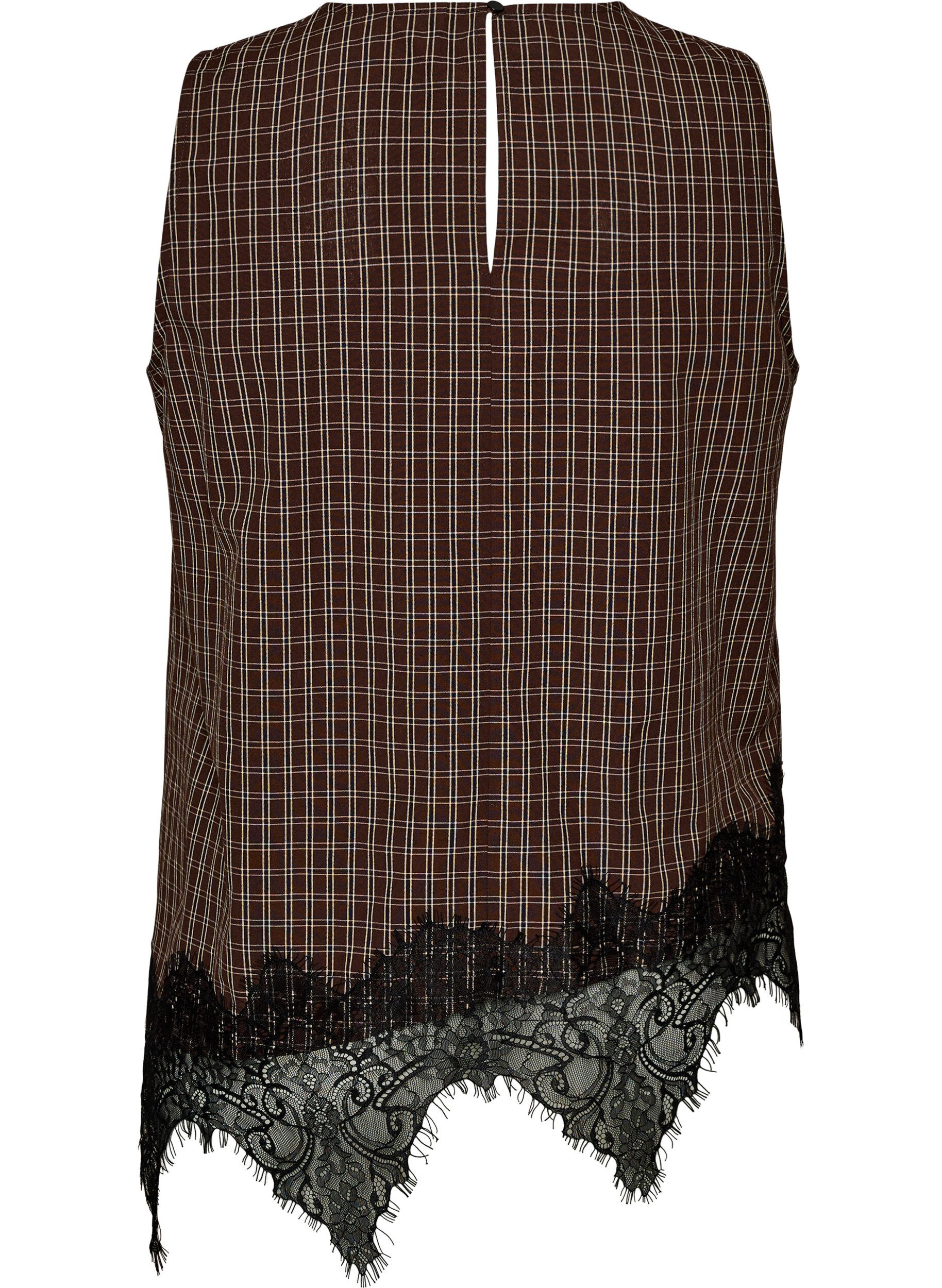 ZizziTop &agrave; carreaux avec bordure asym&eacute;trique en dentelle, Marron, Packshot image number 1