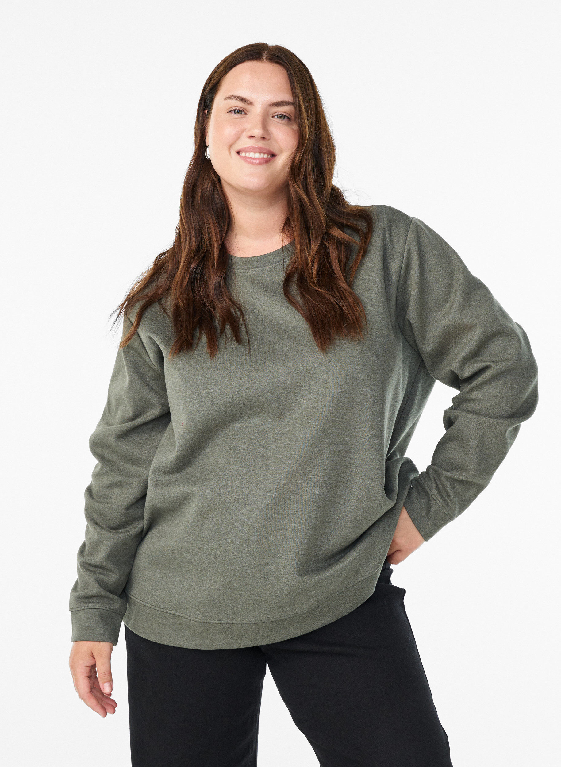 Sweatshirt mit Rundhalsausschnitt, Gr&uuml;n, Model